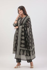Elegant Black & Teal Floral Block Print Kurta Set – Premium 3-Piece Ethnic Wear
