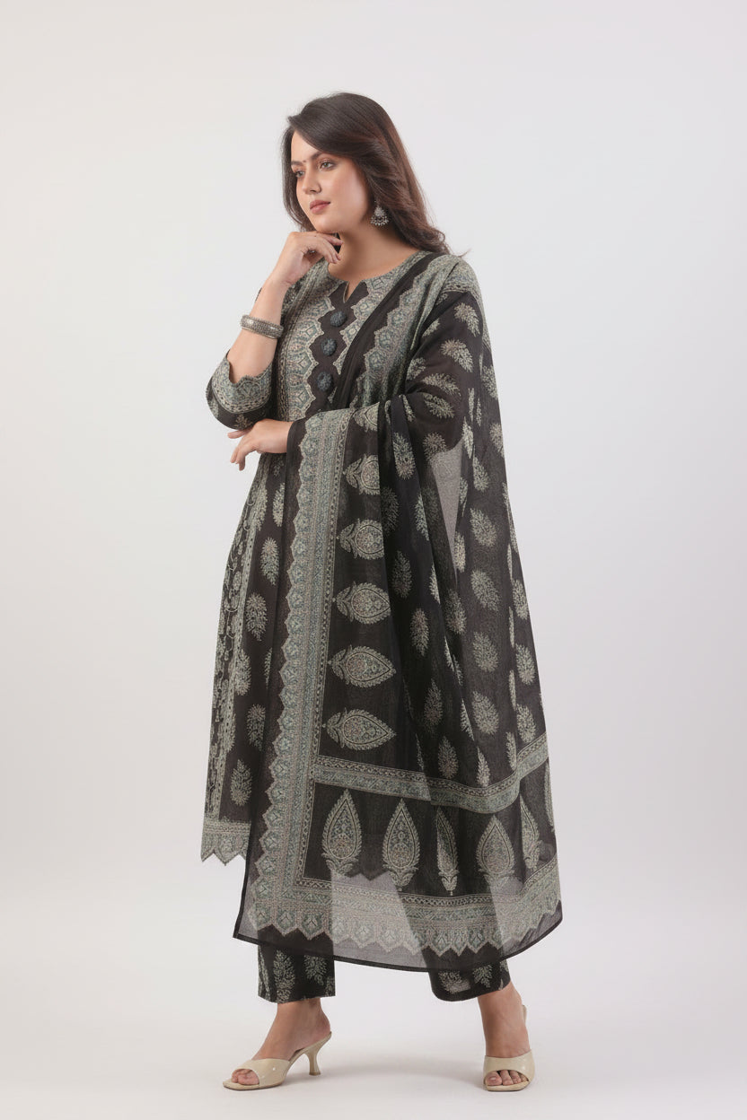 Elegant Black & Teal Floral Block Print Kurta Set – Premium 3-Piece Ethnic Wear