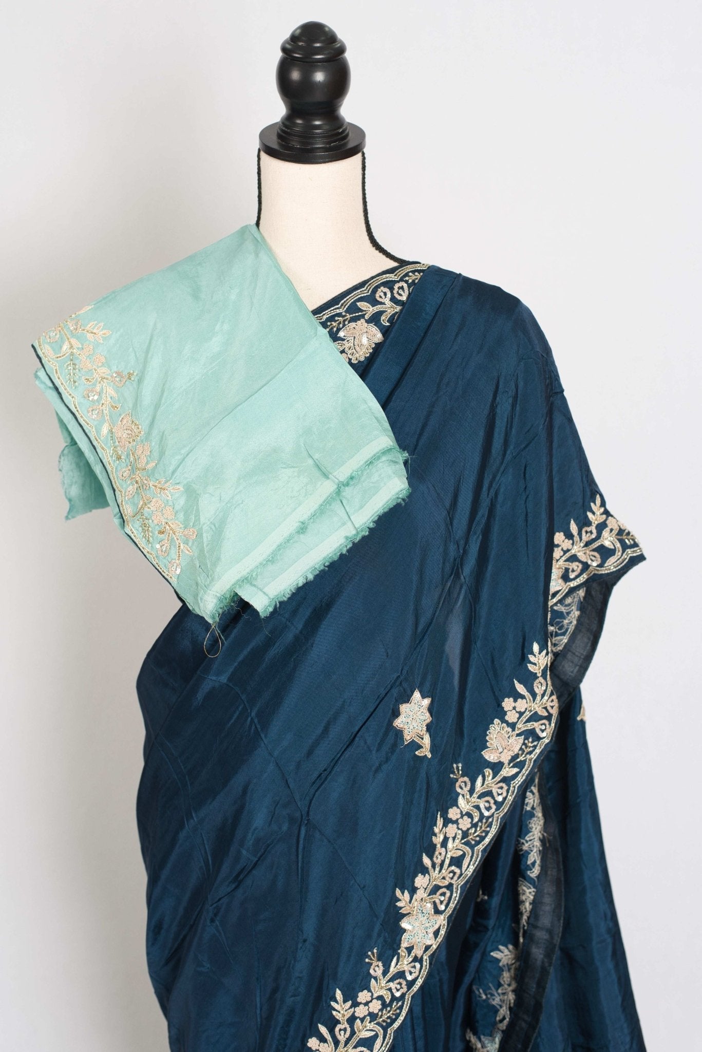 Samaira : Hand Zardosi Embroidery Blue Satin Silk Partywear Saree