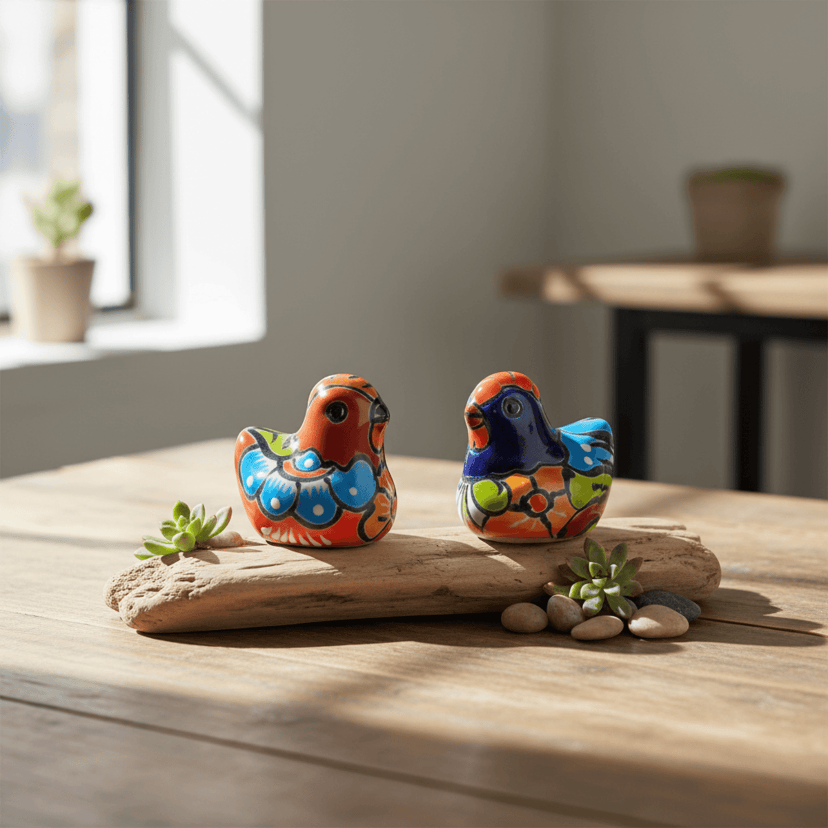 Set of 2 Hand-Painted Talavera Chicken Figurines | Mexican Ceramic Chickens