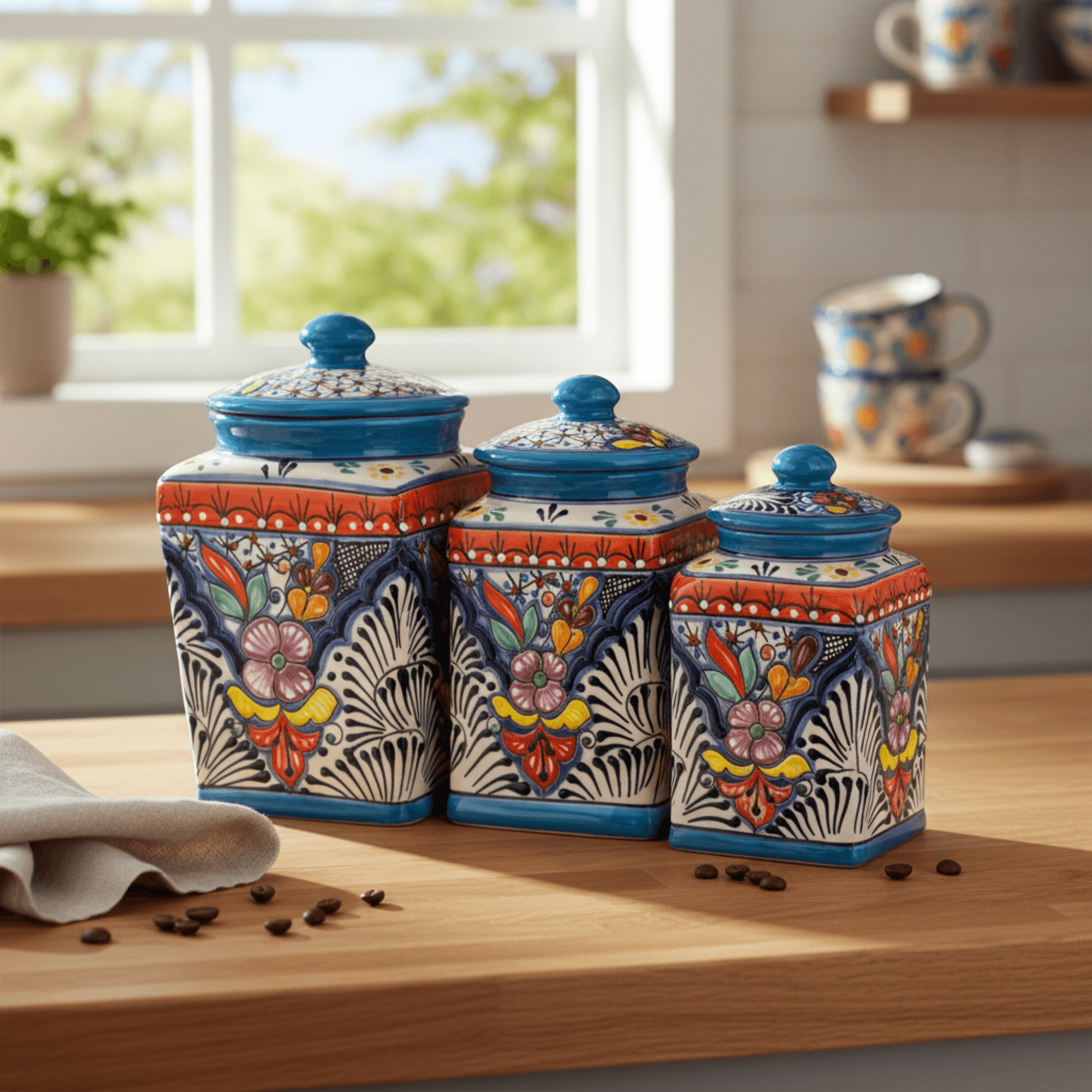 Set of 3 Light Blue Talavera Canister Set | Handmade Mexican Pottery from Puebla