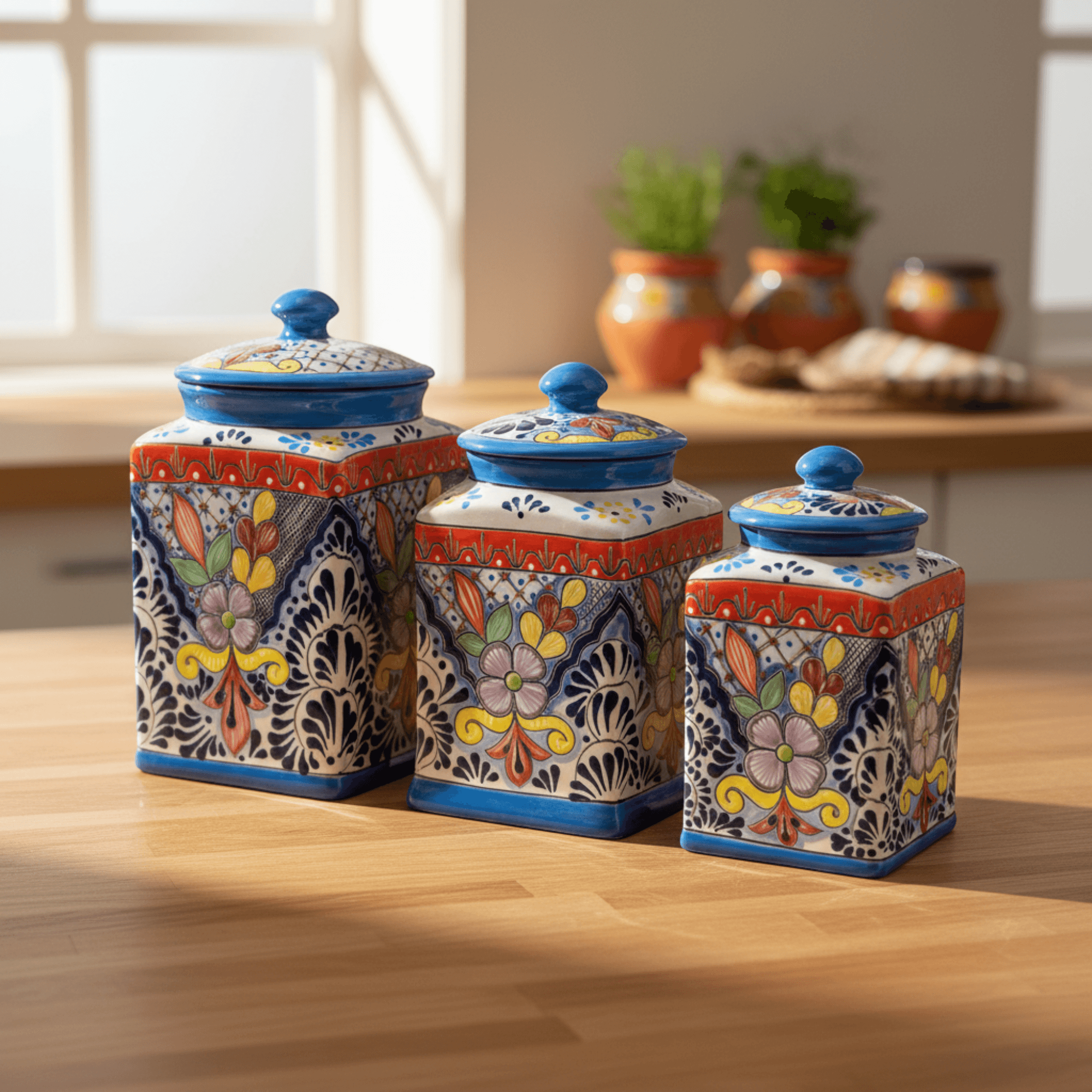 Set of 3 Light Blue Talavera Canister Set | Handmade Mexican Pottery from Puebla