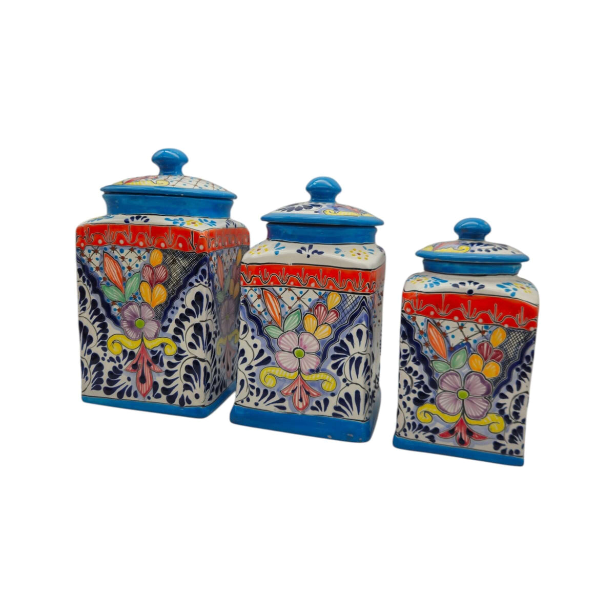 Set of 3 Light Blue Talavera Canister Set | Handmade Mexican Pottery from Puebla