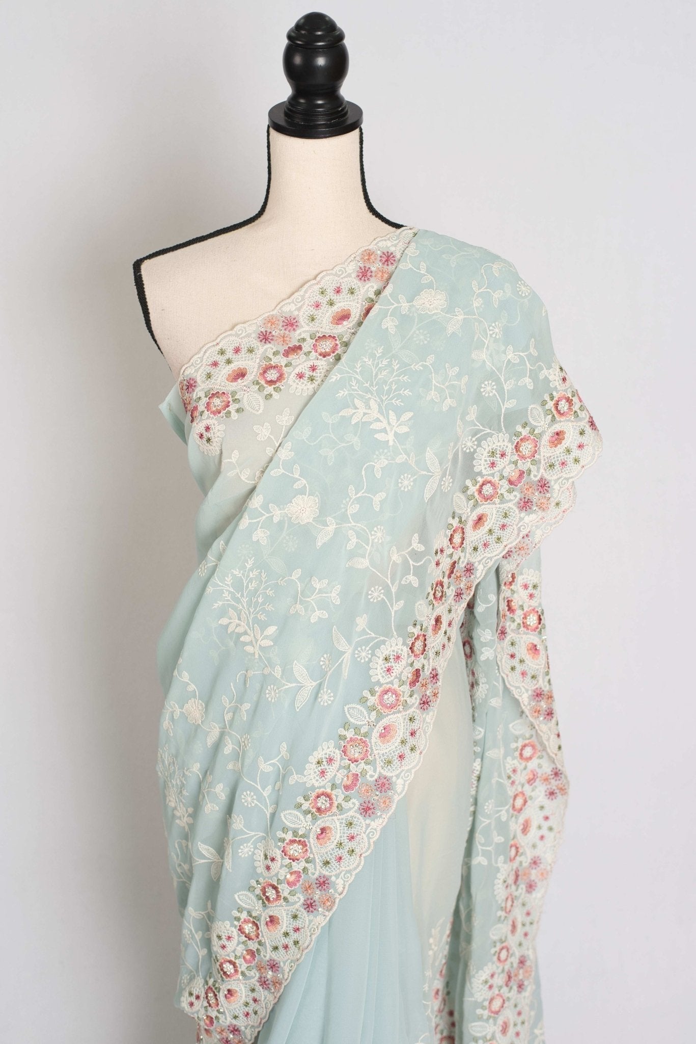 Siya : Cloud Gray Designer Georgette Embroidery Saree