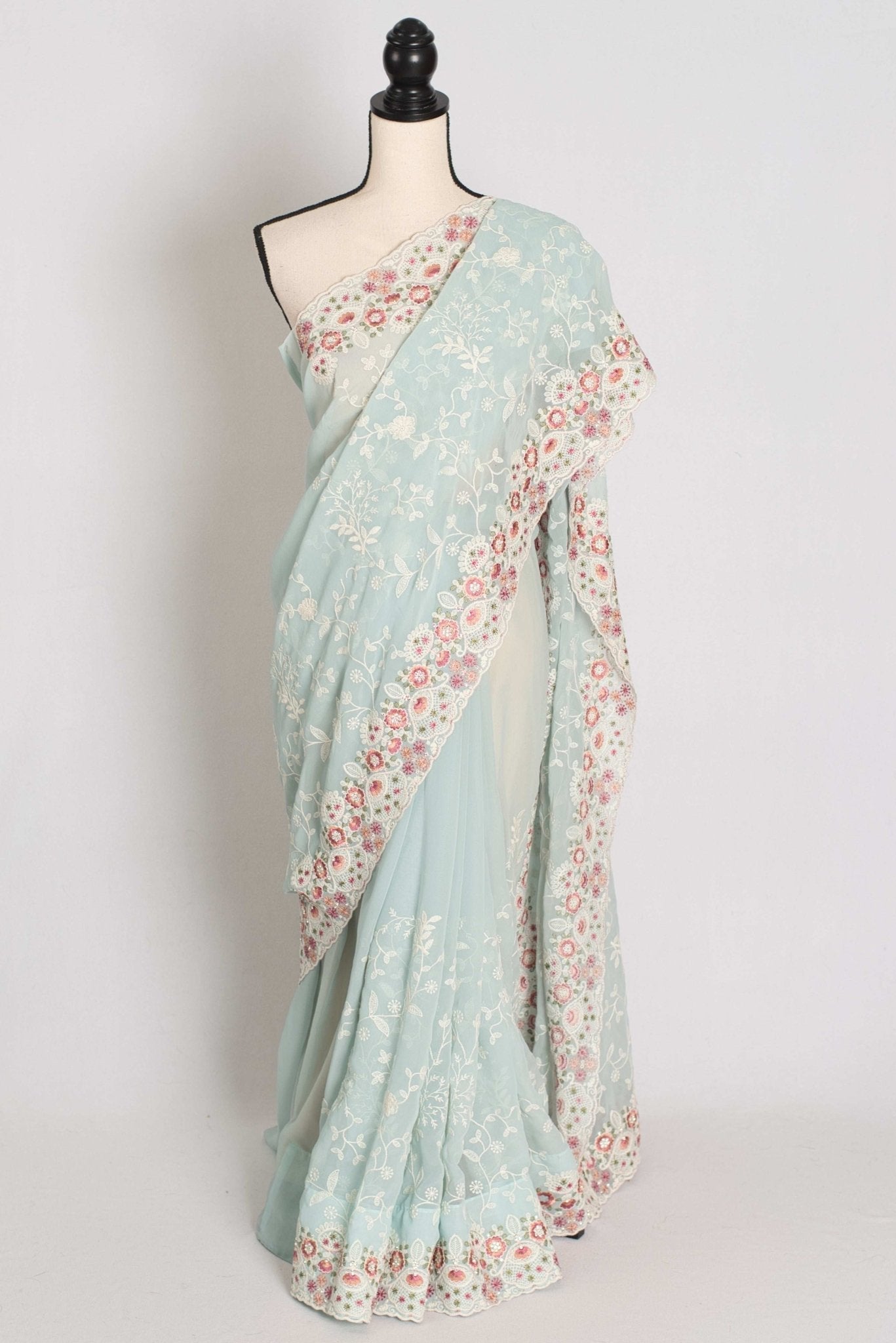 Siya : Cloud Gray Designer Georgette Embroidery Saree