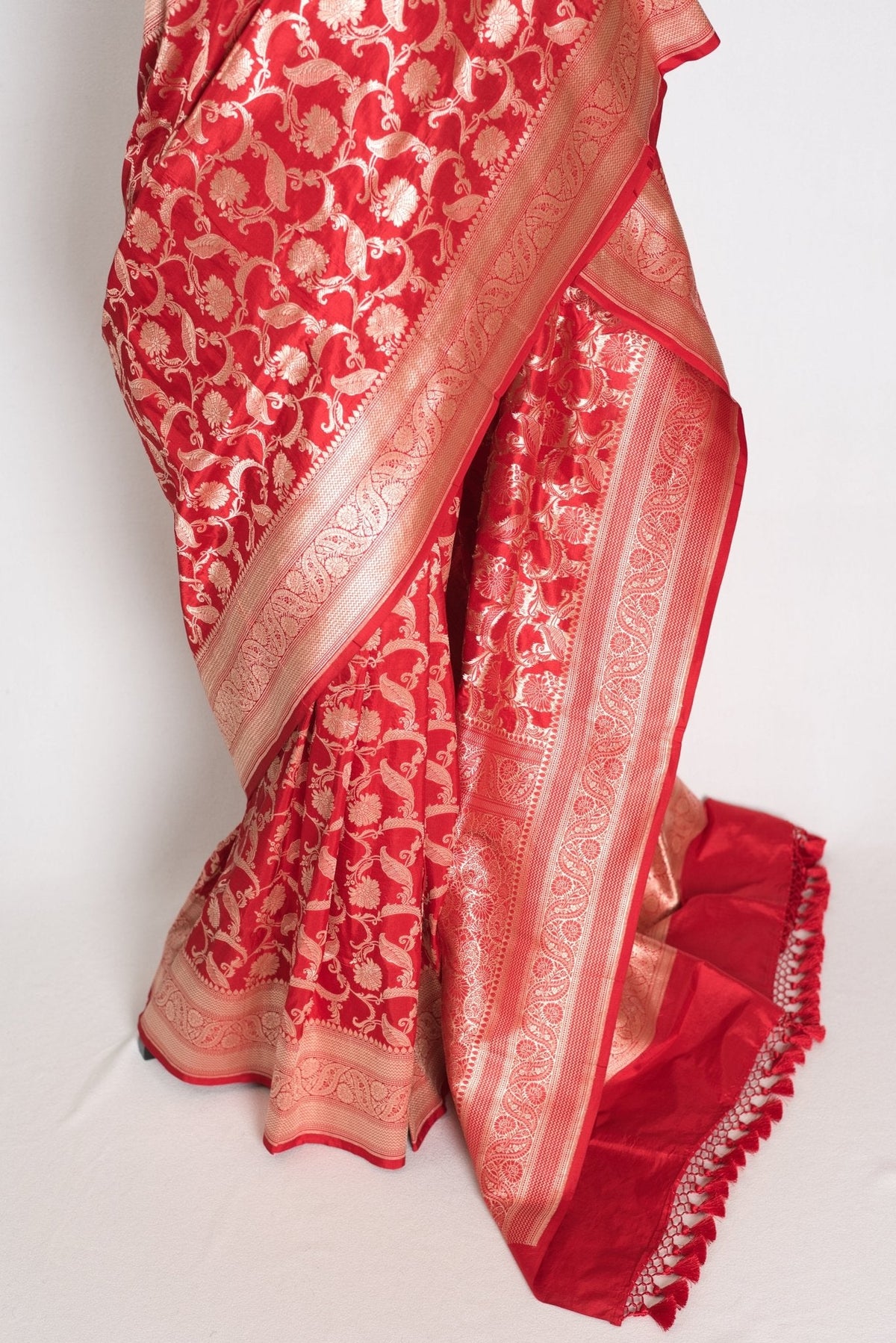 Subha : Red and Gold Katan Silk Jangla Bridal Banarasi Saree