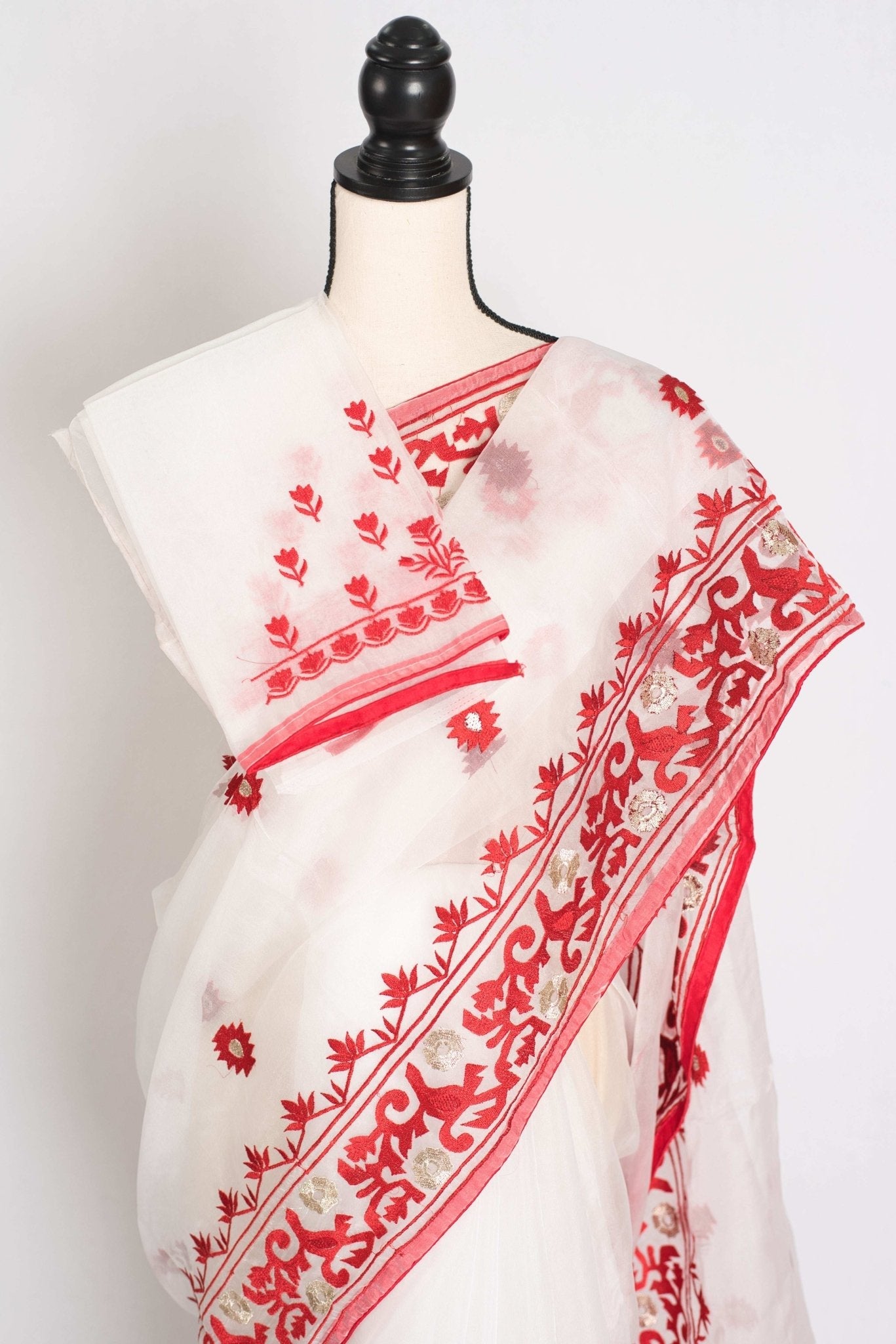 Subha : White and Red Semi Organza Embroidery Designer Saree