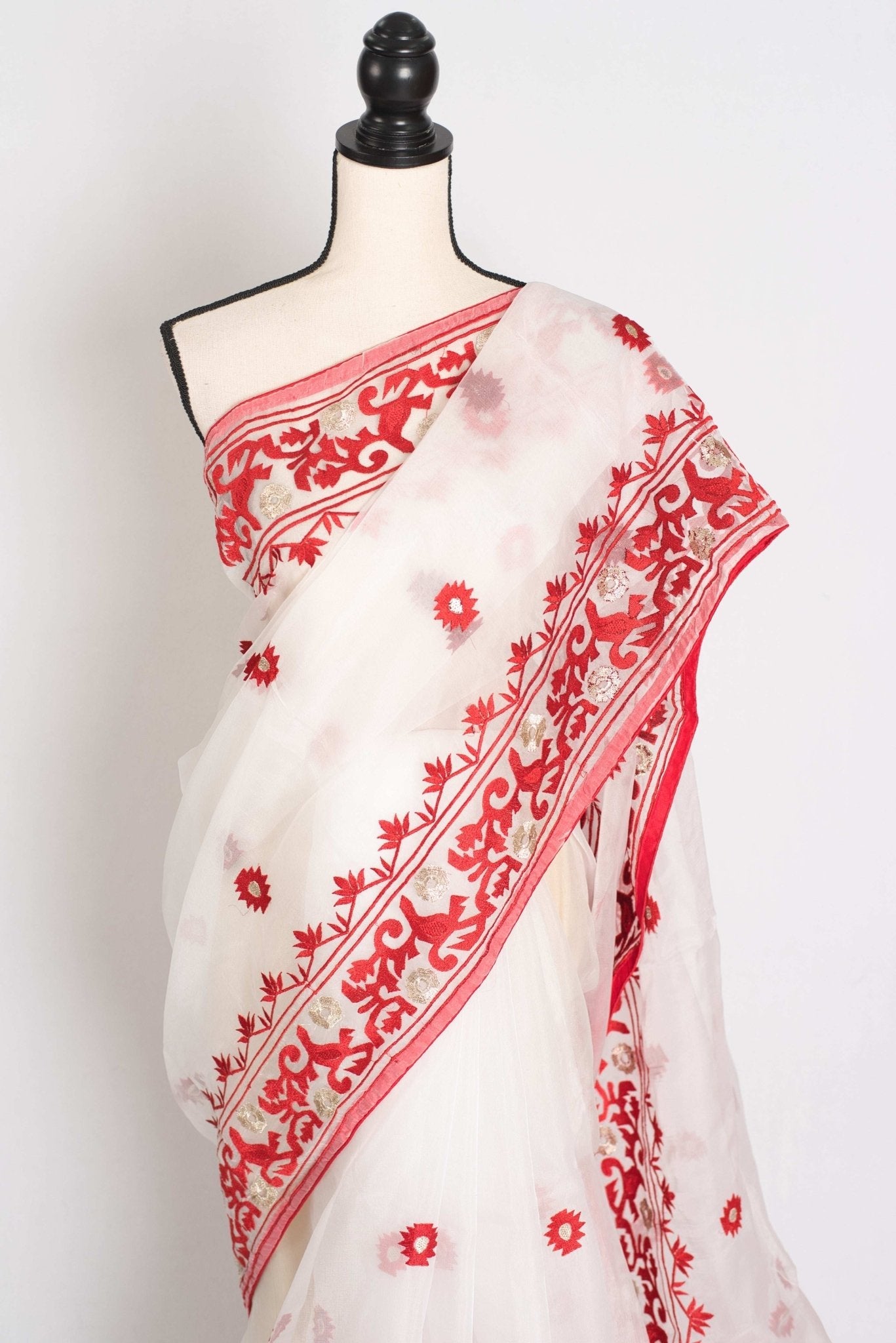 Subha : White and Red Semi Organza Embroidery Designer Saree