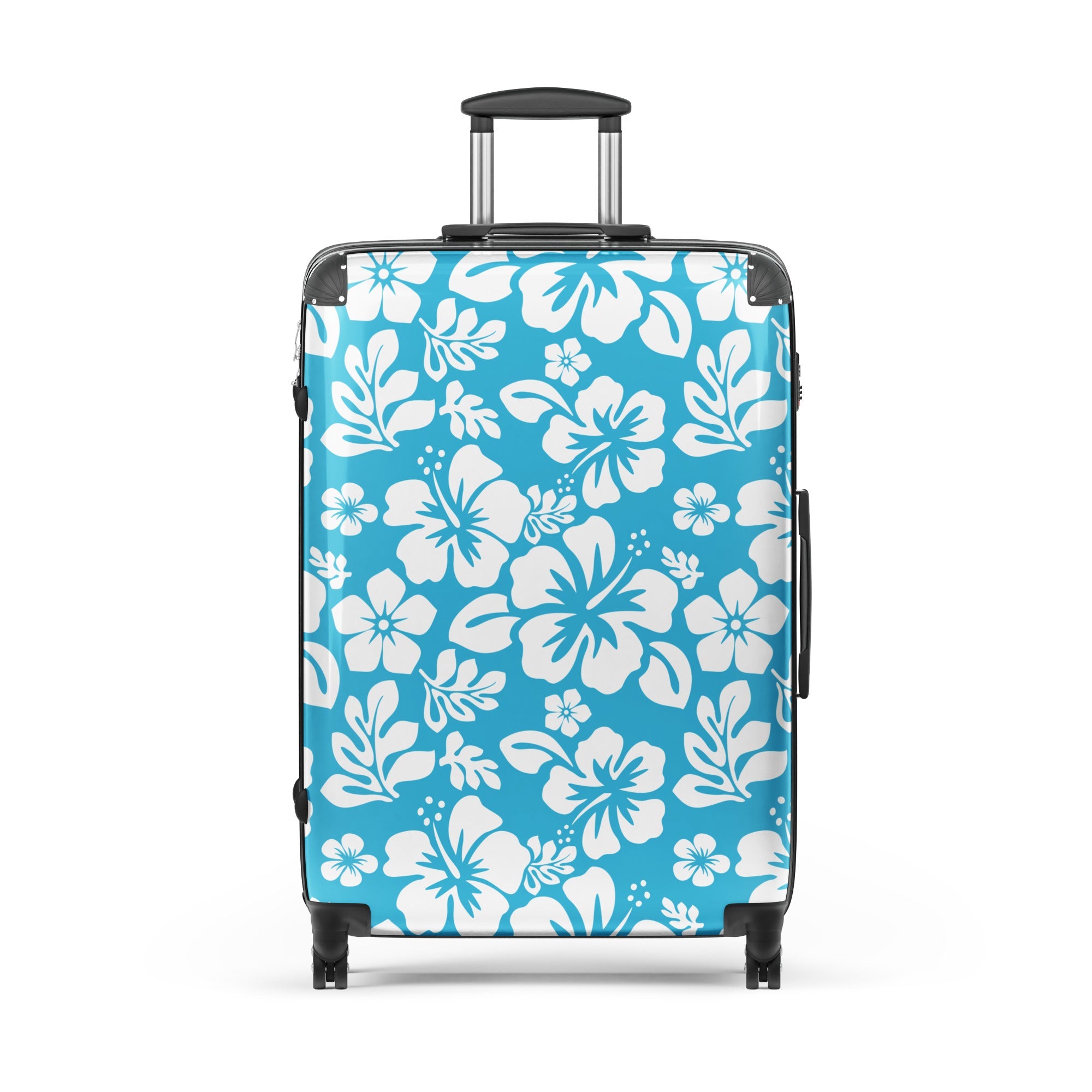 White Hawaiian Flowers on Aqua Blue Suitcase – Surf & Beach Inspired Luggage by Extremely Stoked®