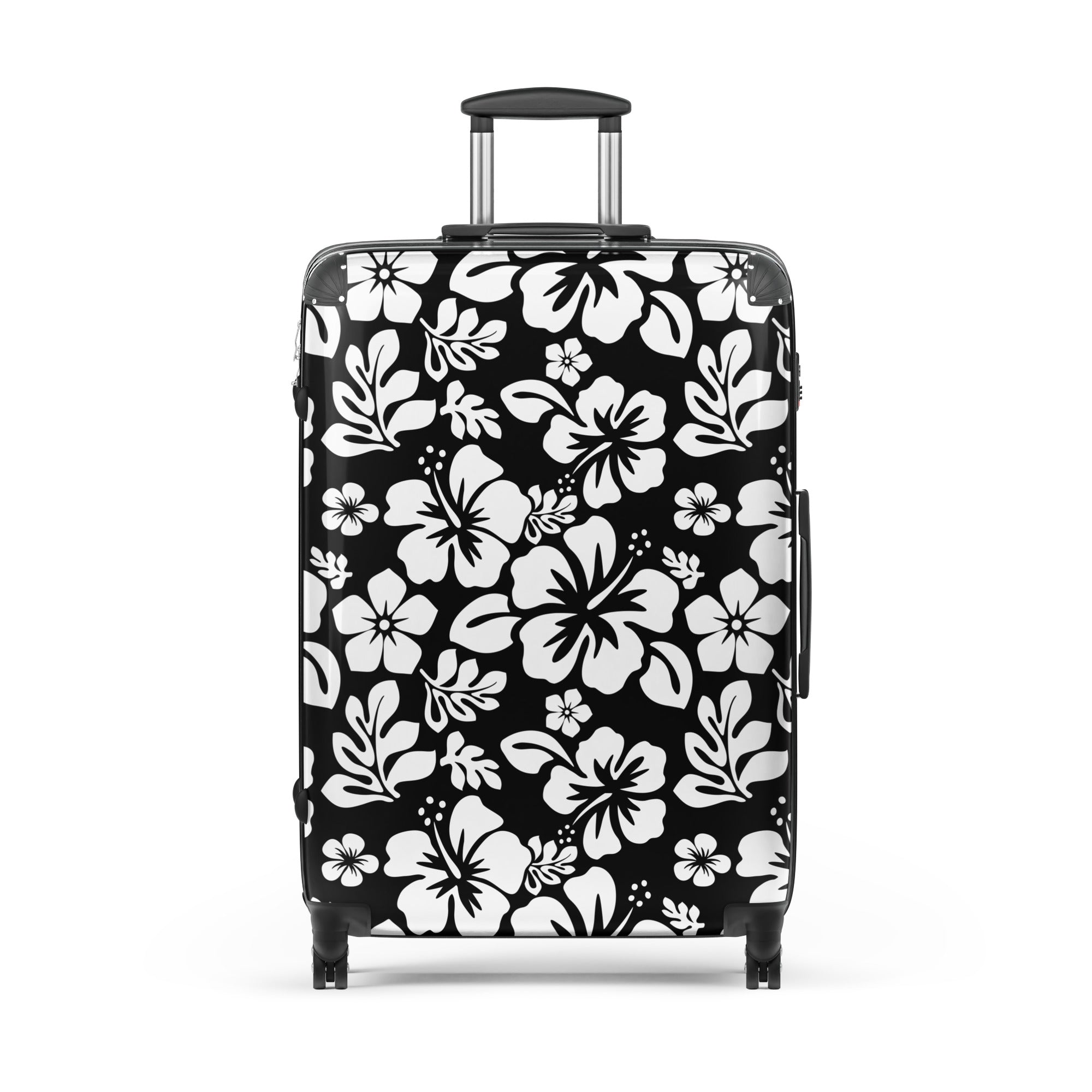 White Hawaiian Flowers on Black Suitcase – Surf & Beach Inspired Luggage by Extremely Stoked®