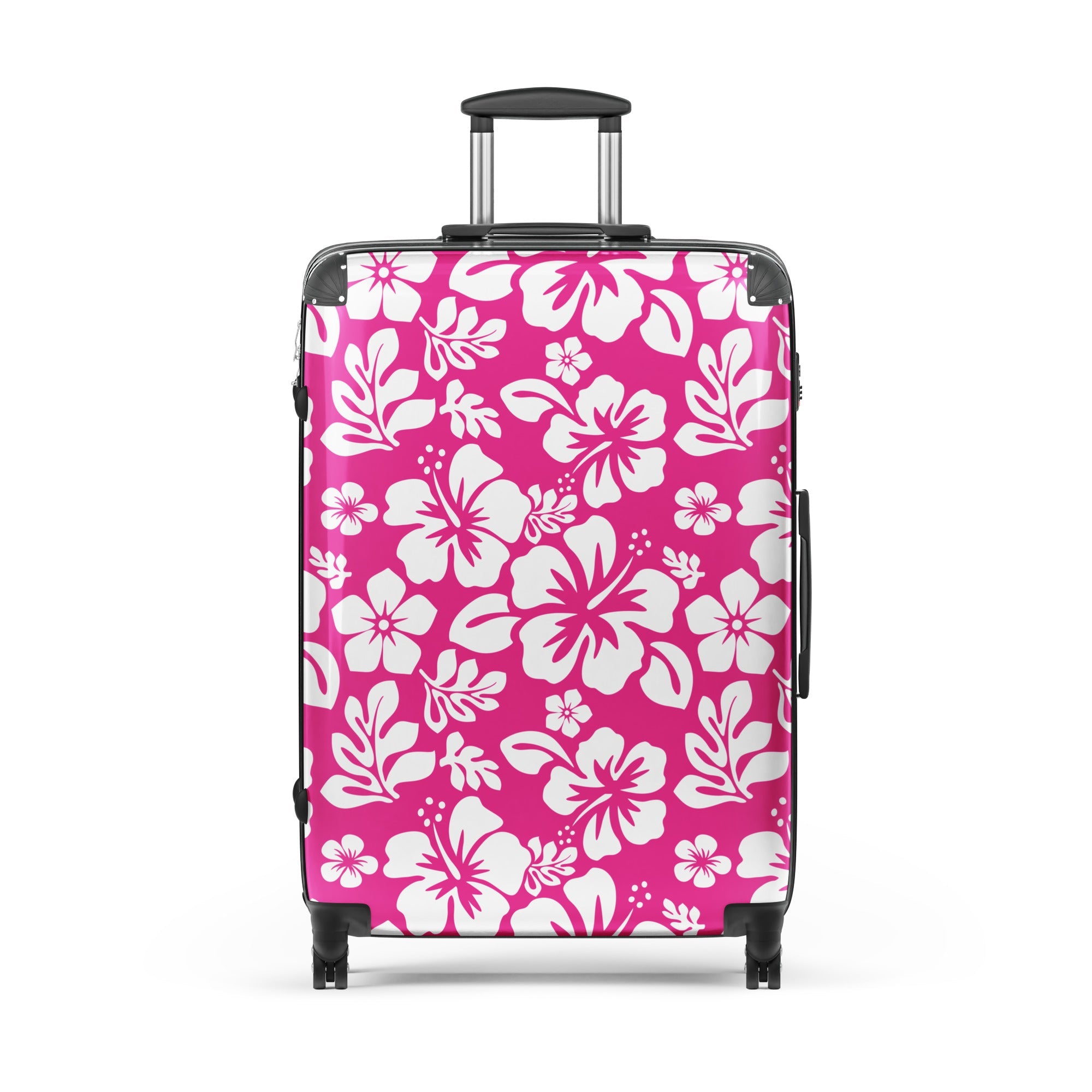 White Hawaiian Flowers on Hot Pink Suitcase – Surf & Beach Inspired Luggage by Extremely Stoked®