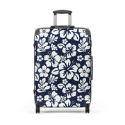 White Hawaiian Flowers on Navy Blue Suitcase – Surf & Beach Inspired Luggage by Extremely Stoked®