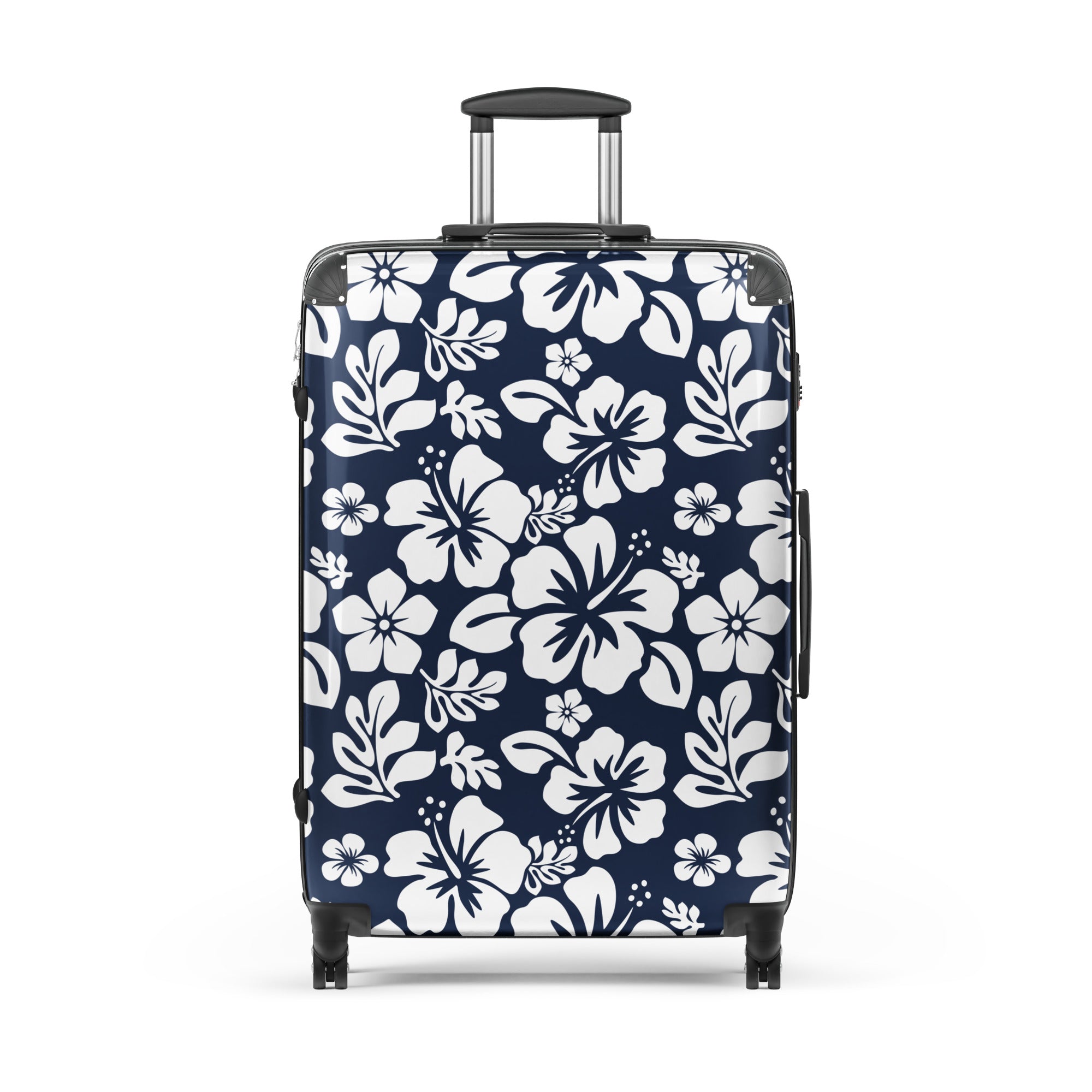 White Hawaiian Flowers on Navy Blue Suitcase – Surf & Beach Inspired Luggage by Extremely Stoked®
