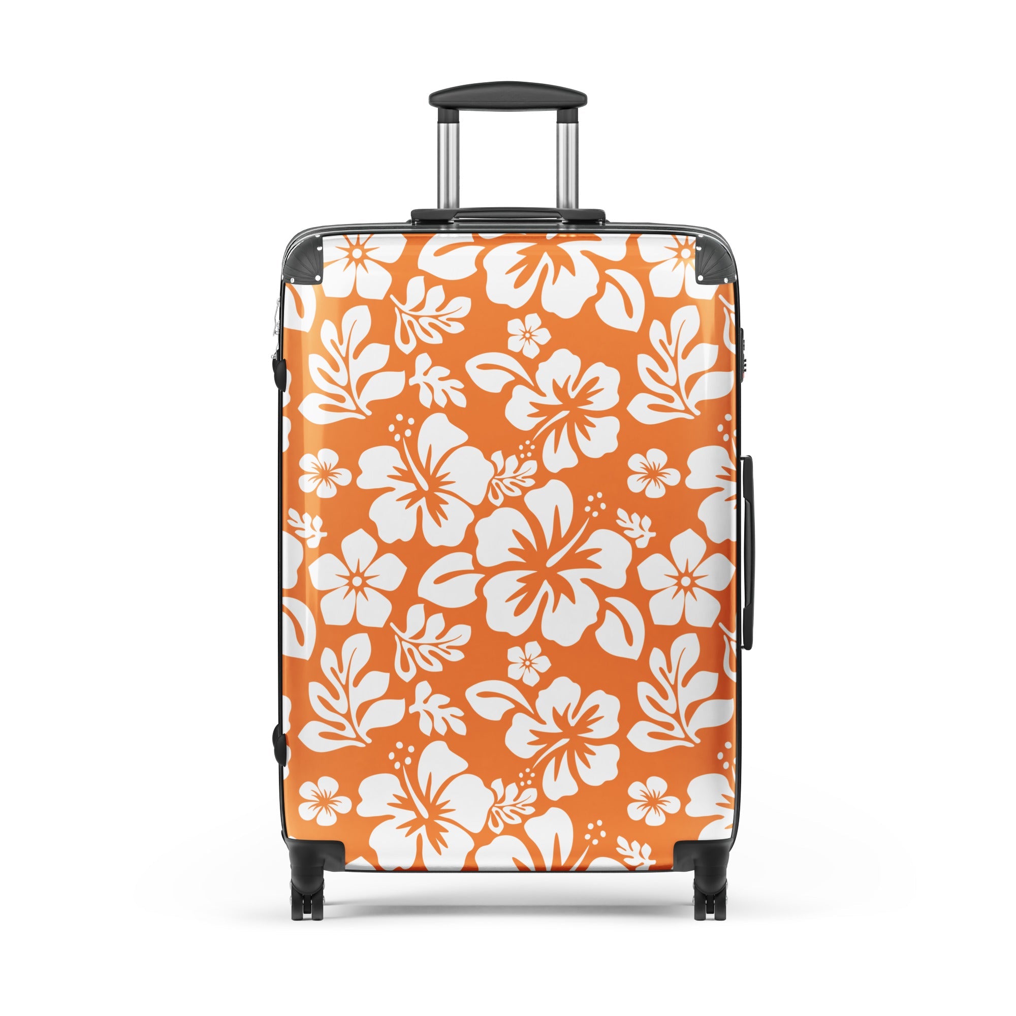 White Hawaiian Flowers on Orange Suitcase – Surf & Beach Inspired Luggage by Extremely Stoked®