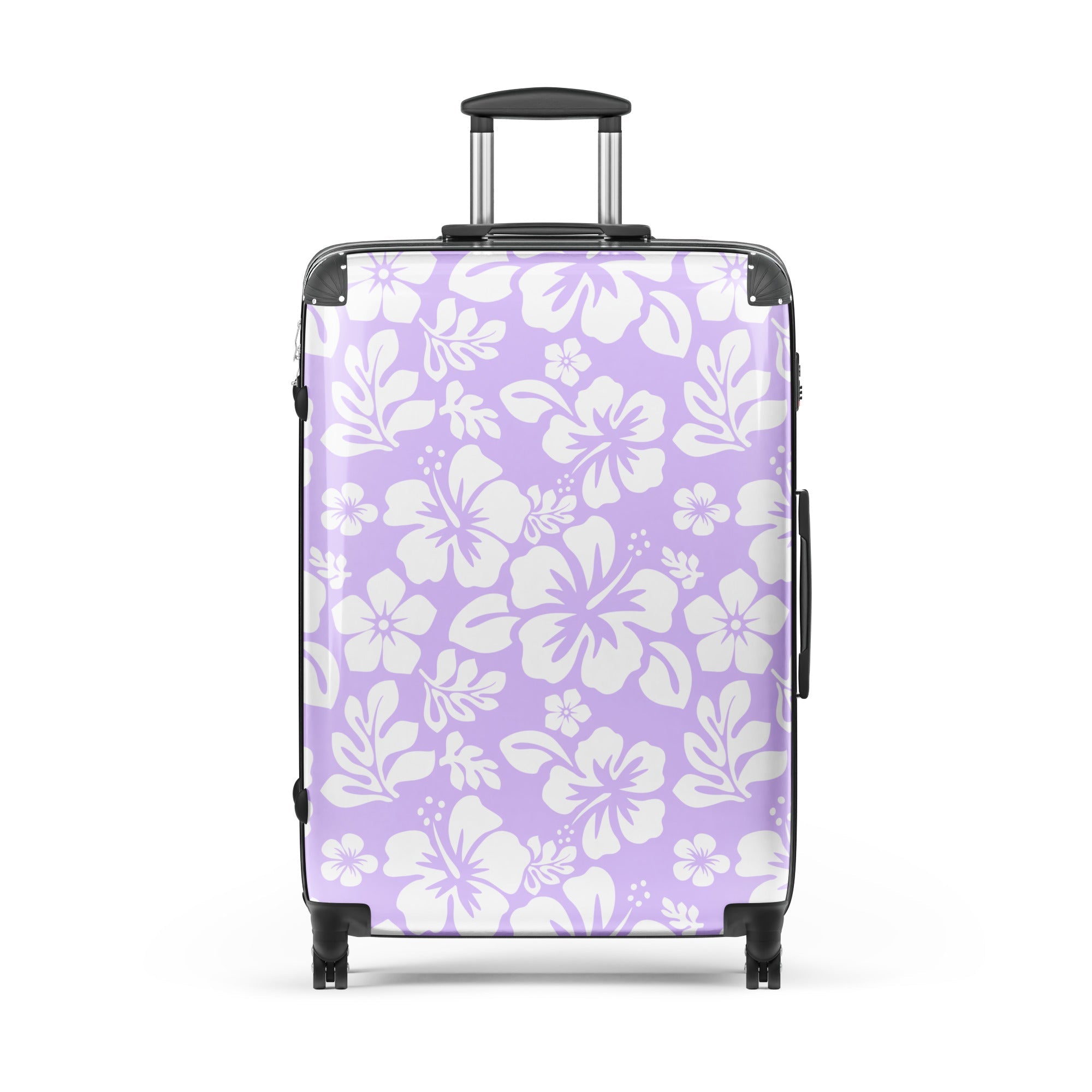 White Hawaiian Flowers on Lavender Suitcase – Surf & Beach Inspired Luggage by Extremely Stoked®