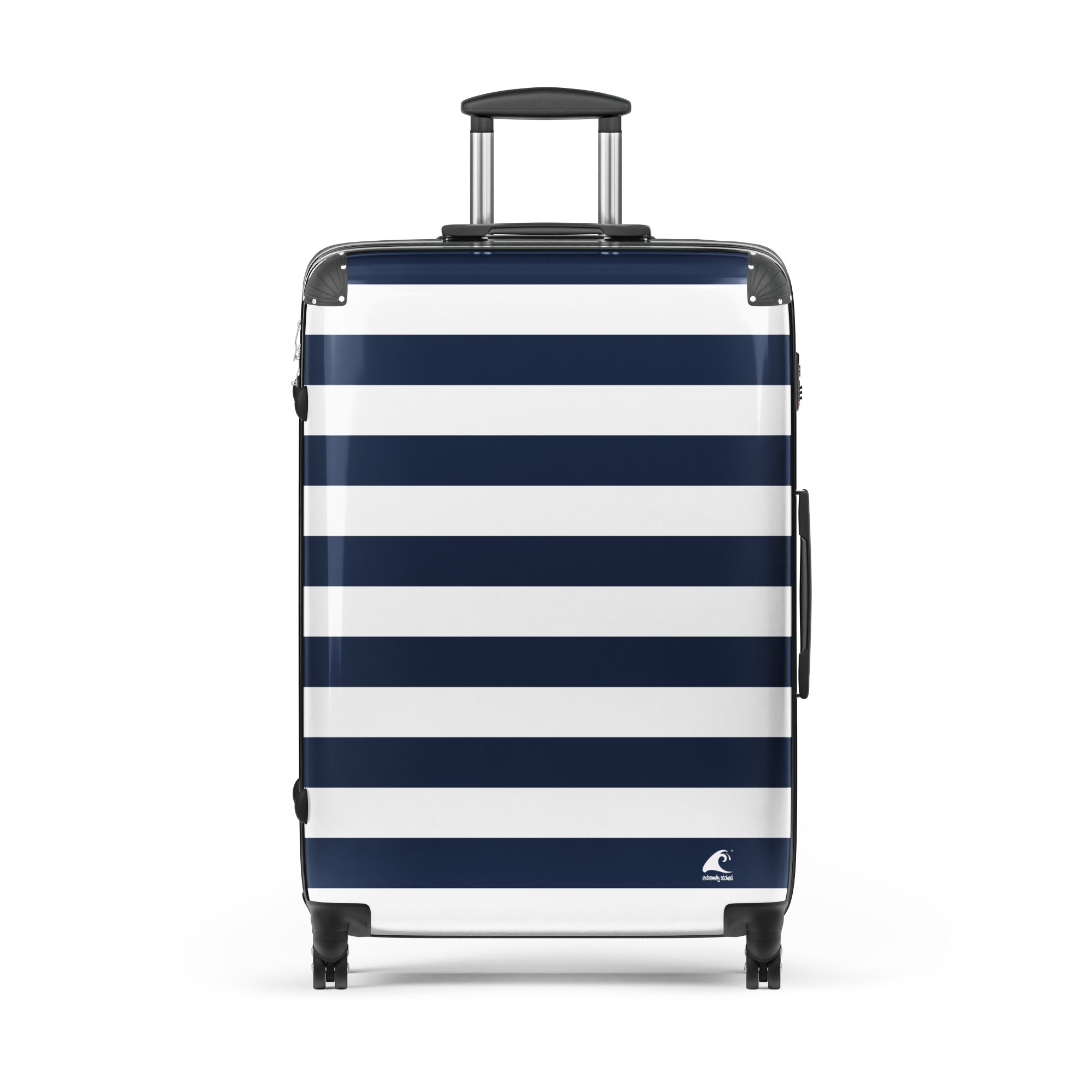 Navy Blue and White Beach Stripes Suitcase – Travel Luggage by Extremely Stoked®