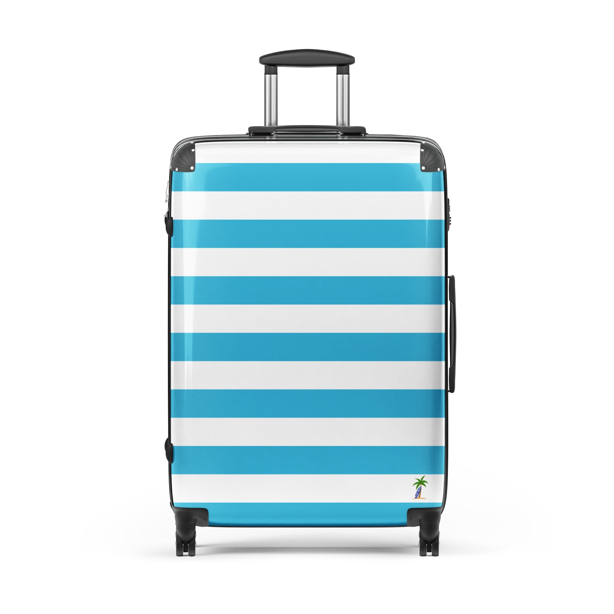 Aqua Blue and White Beach Stripes Suitcase with Palm Tree Surfboard Logo - Travel Luggage by Extremely Stoked®