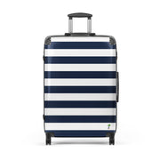 Navy Blue and White Beach Stripes Suitcase with Palm Tree Surfboard Logo - Travel Luggage by Extremely Stoked®