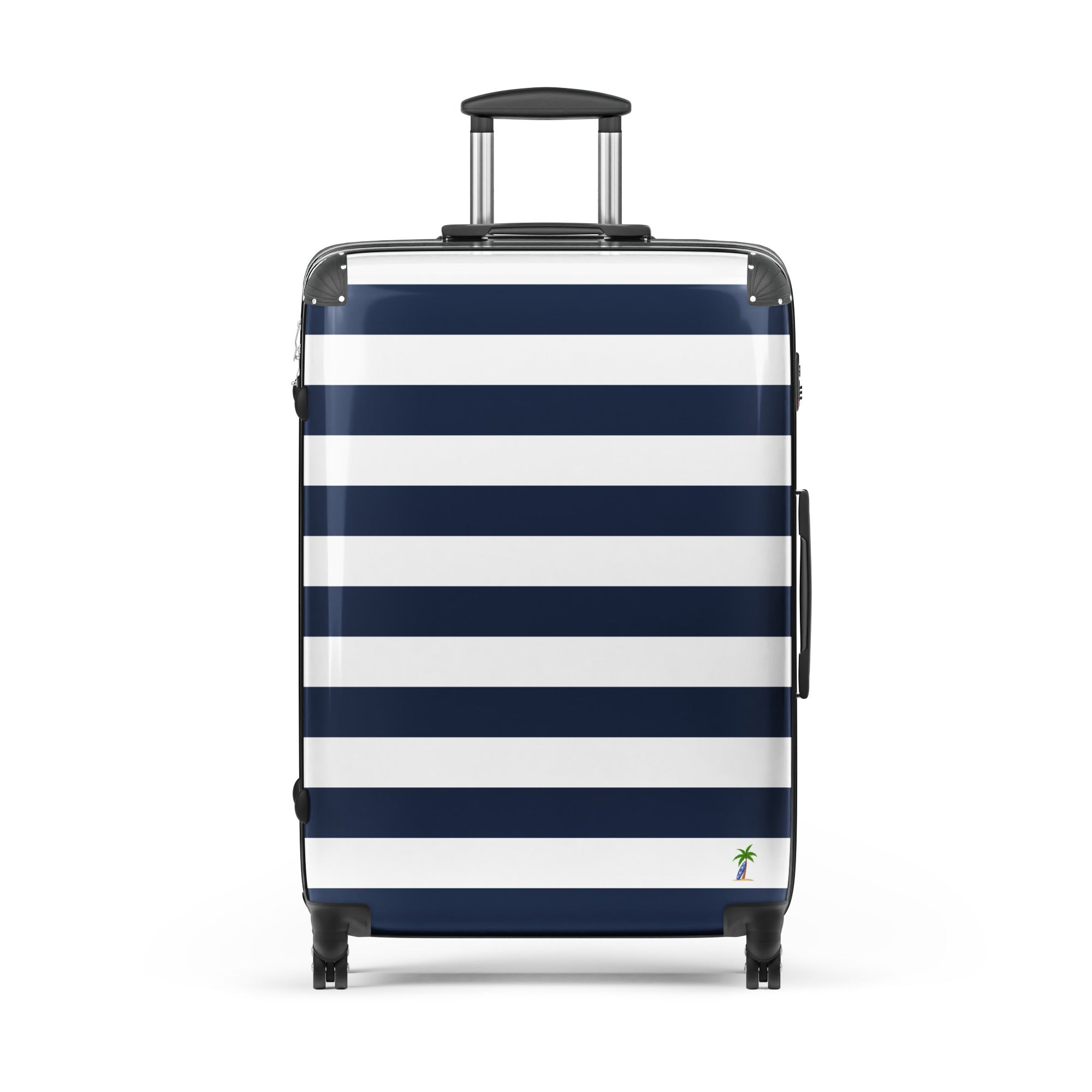 Navy Blue and White Beach Stripes Suitcase with Palm Tree Surfboard Logo - Travel Luggage by Extremely Stoked®