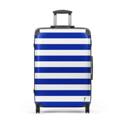 Royal Blue and White Beach Stripes Suitcase with Palm Tree Surfboard Logo - Travel Luggage by Extremely Stoked®