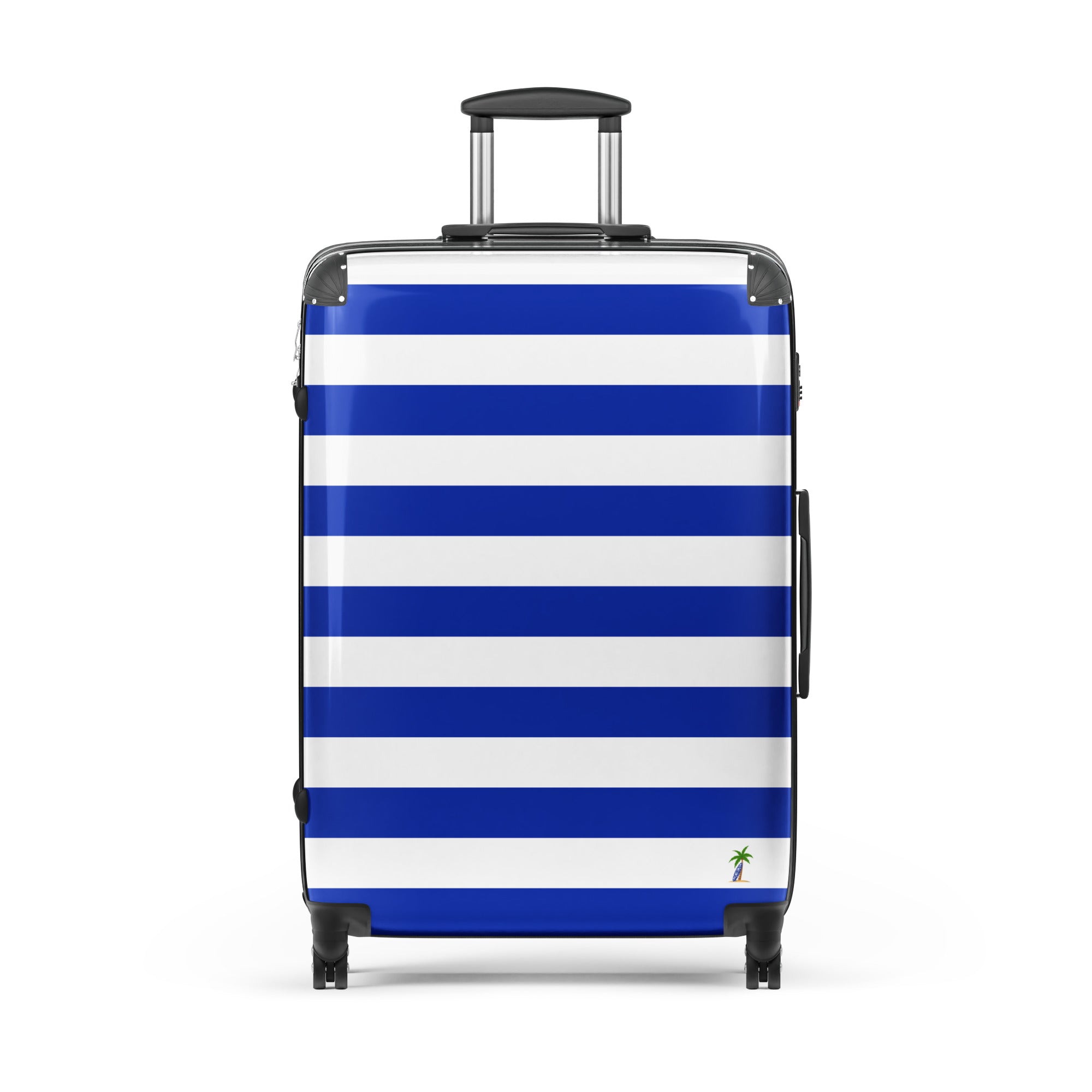 Royal Blue and White Beach Stripes Suitcase with Palm Tree Surfboard Logo - Travel Luggage by Extremely Stoked®