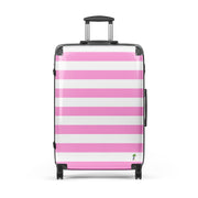 Pink and White Beach Stripes Suitcase with Palm Tree Surfboard Logo - Travel Luggage by Extremely Stoked®