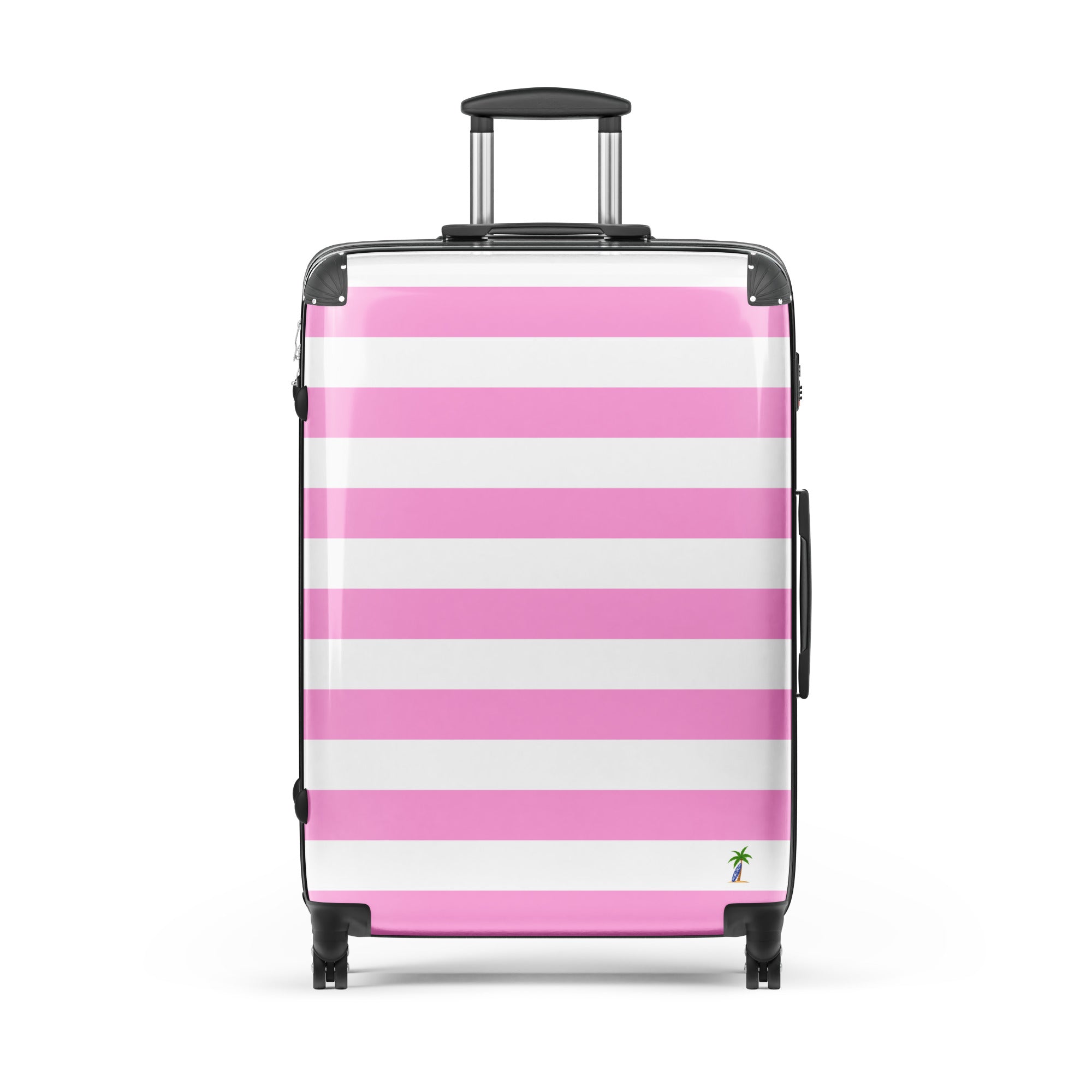 Pink and White Beach Stripes Suitcase with Palm Tree Surfboard Logo - Travel Luggage by Extremely Stoked®