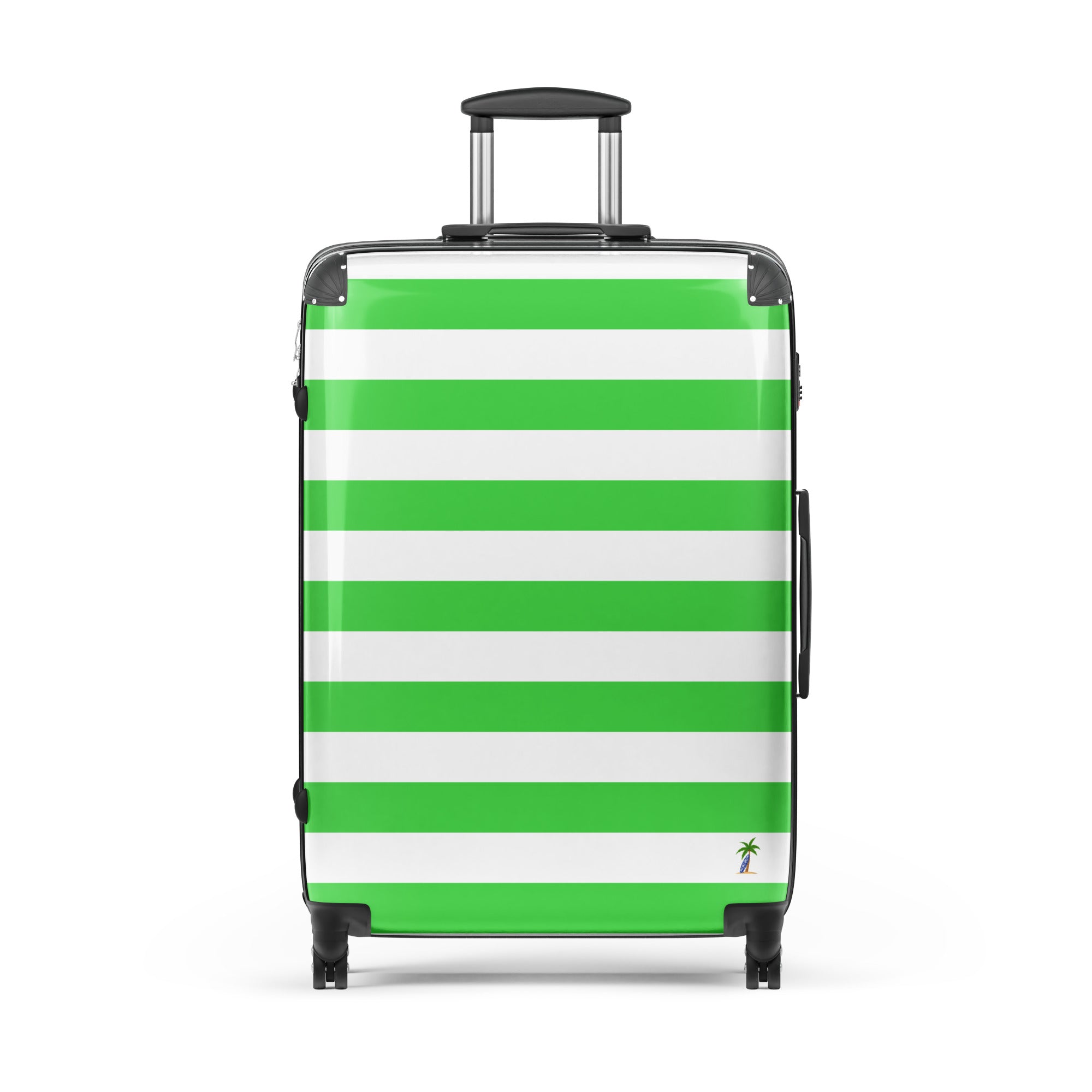 Lime Green and White Beach Stripes Suitcase with Palm Tree Surfboard Logo - Travel Luggage by Extremely Stoked®