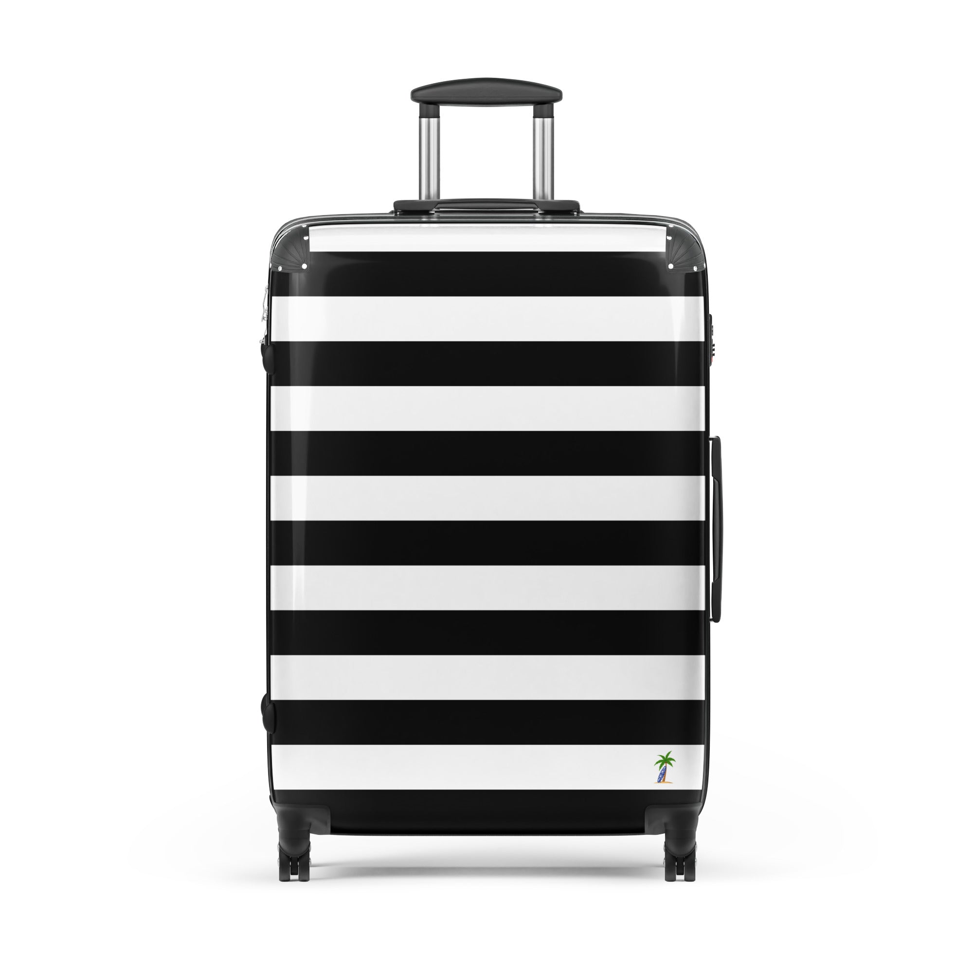 Black and White Beach Stripes Suitcase with Palm Tree Surfboard Logo - Travel Luggage by Extremely Stoked®