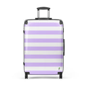 Lavender and White Beach Stripes Suitcase with Palm Tree Surfboard Logo - Travel Luggage by Extremely Stoked®