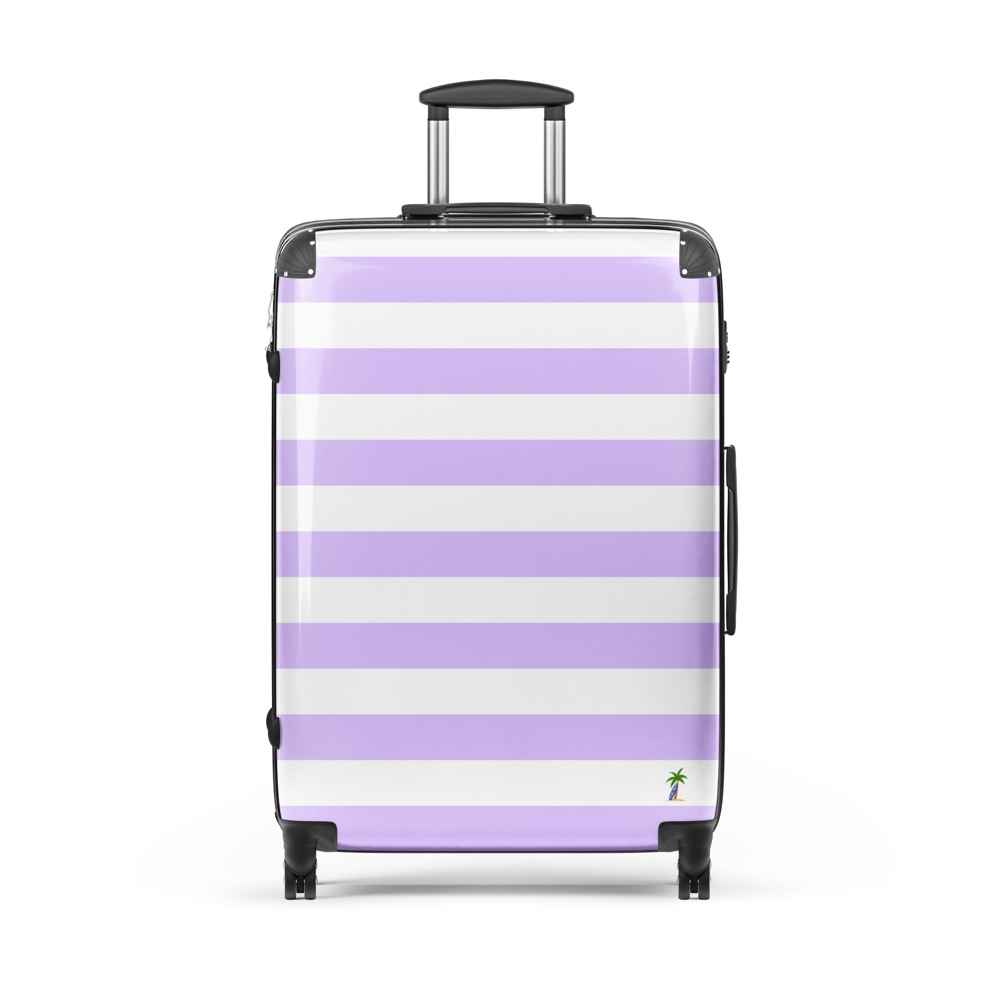 Lavender and White Beach Stripes Suitcase with Palm Tree Surfboard Logo - Travel Luggage by Extremely Stoked®