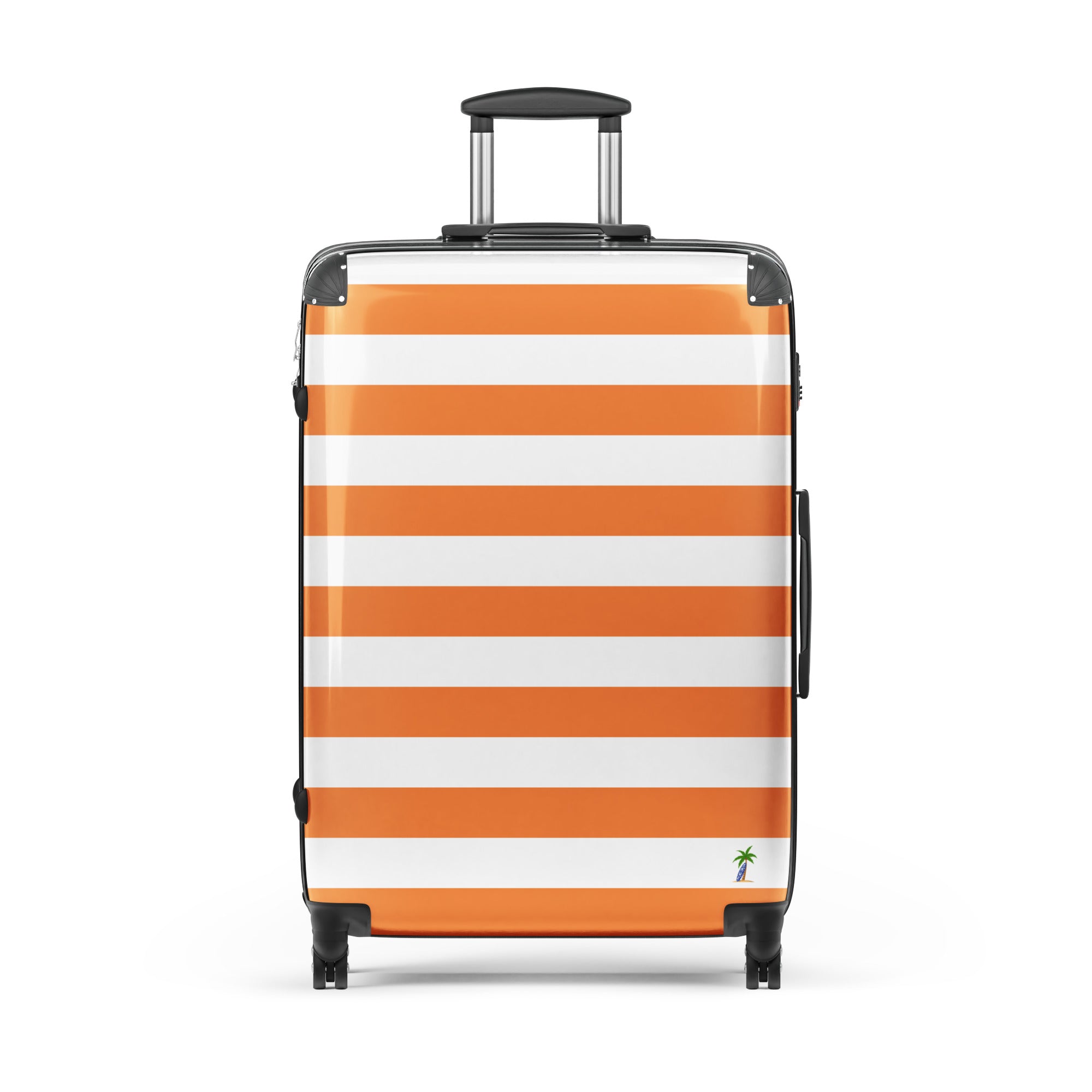 Orange and White Beach Stripes Suitcase with Palm Tree Surfboard Logo - Travel Luggage by Extremely Stoked®