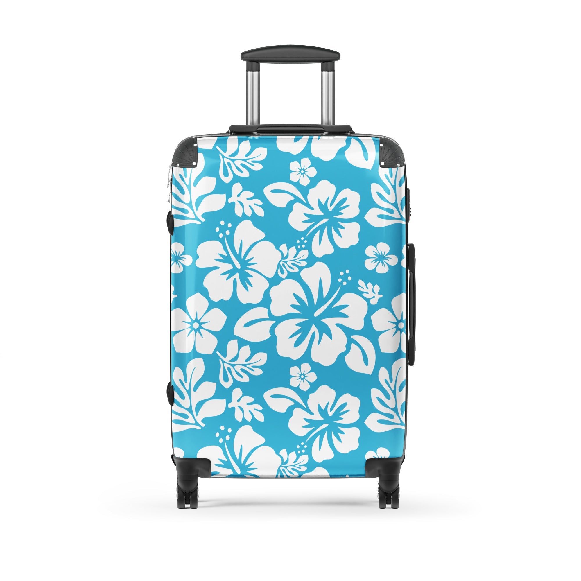 White Hawaiian Flowers on Aqua Blue Suitcase – Surf & Beach Inspired Luggage by Extremely Stoked®