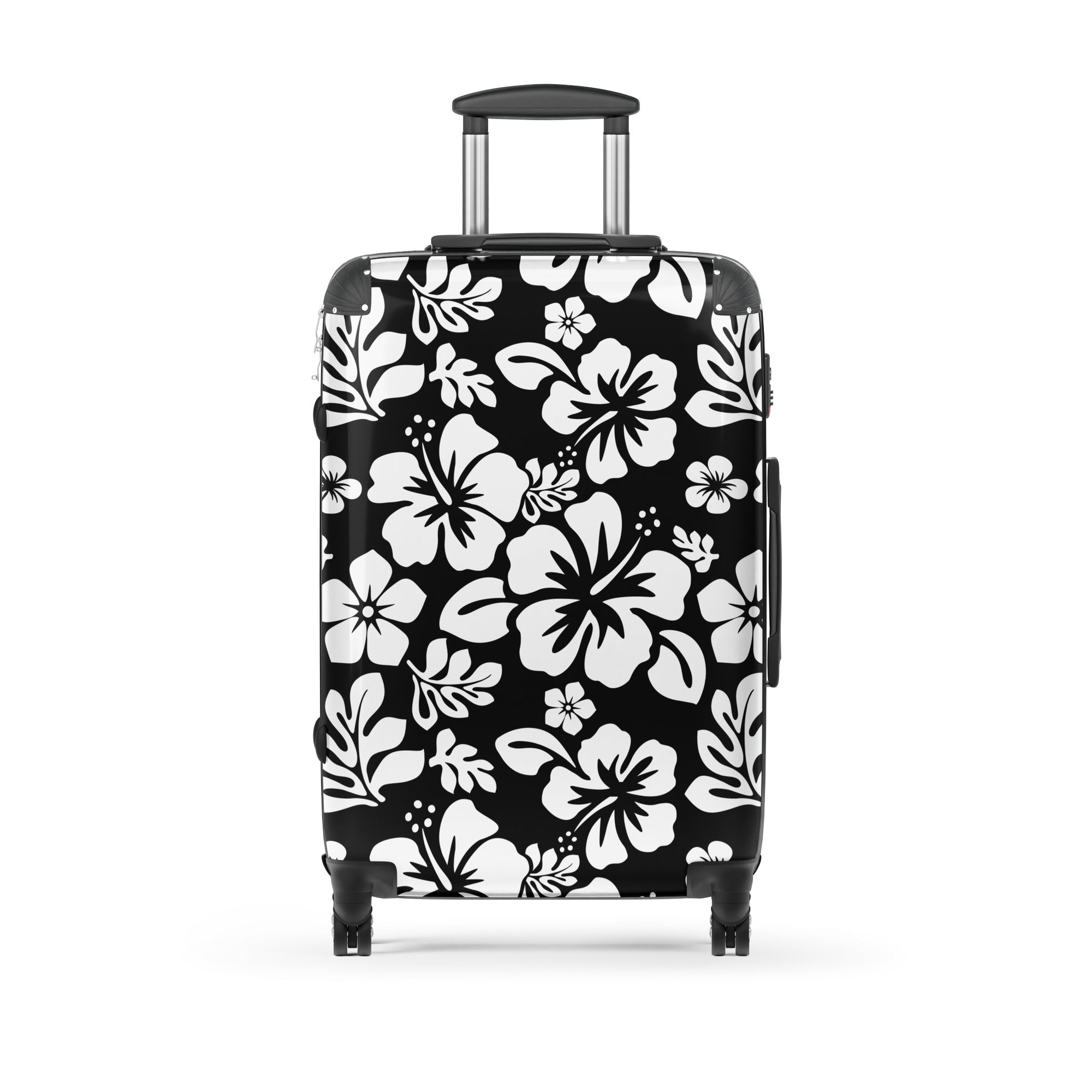 White Hawaiian Flowers on Black Suitcase – Surf & Beach Inspired Luggage by Extremely Stoked®