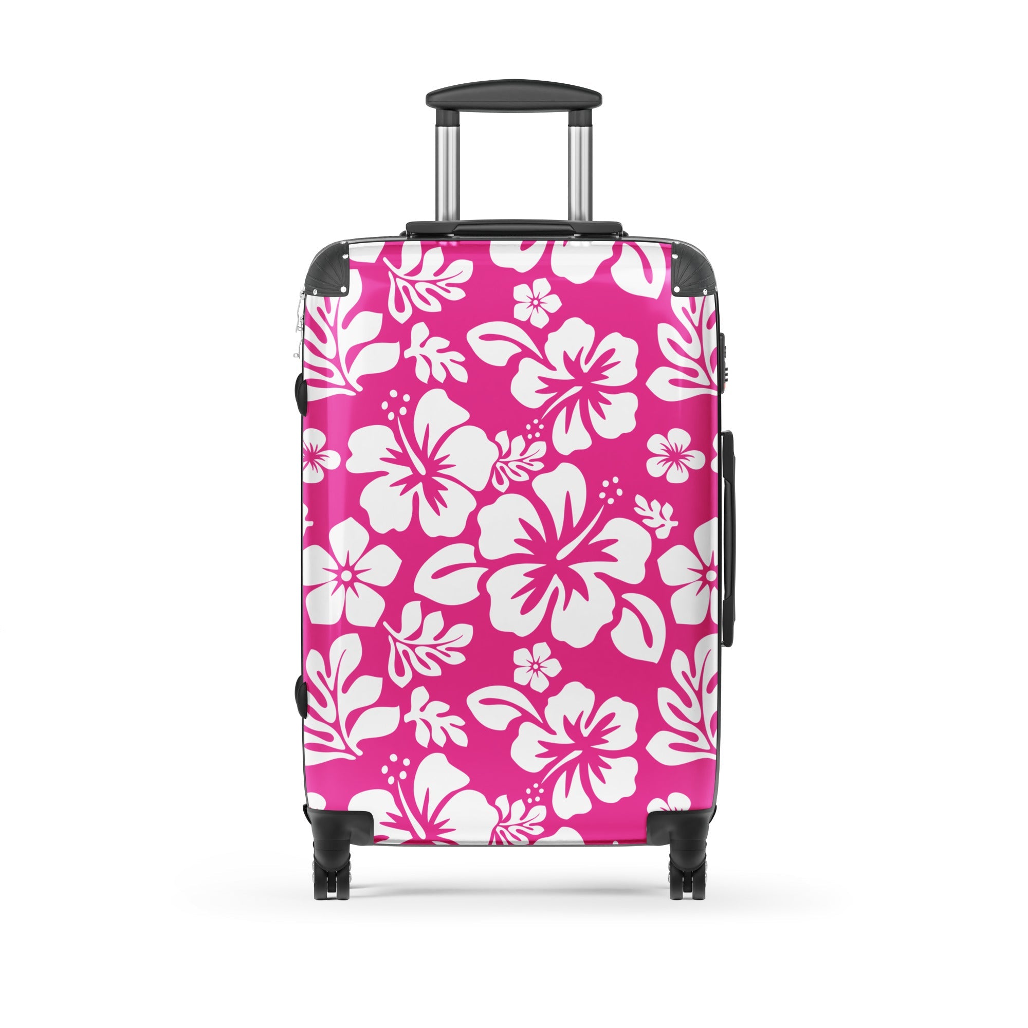 White Hawaiian Flowers on Hot Pink Suitcase – Surf & Beach Inspired Luggage by Extremely Stoked®