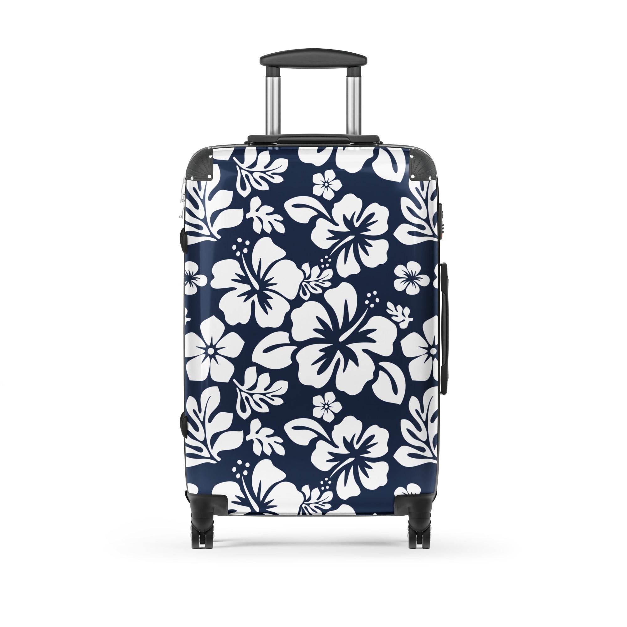 White Hawaiian Flowers on Navy Blue Suitcase – Surf & Beach Inspired Luggage by Extremely Stoked®