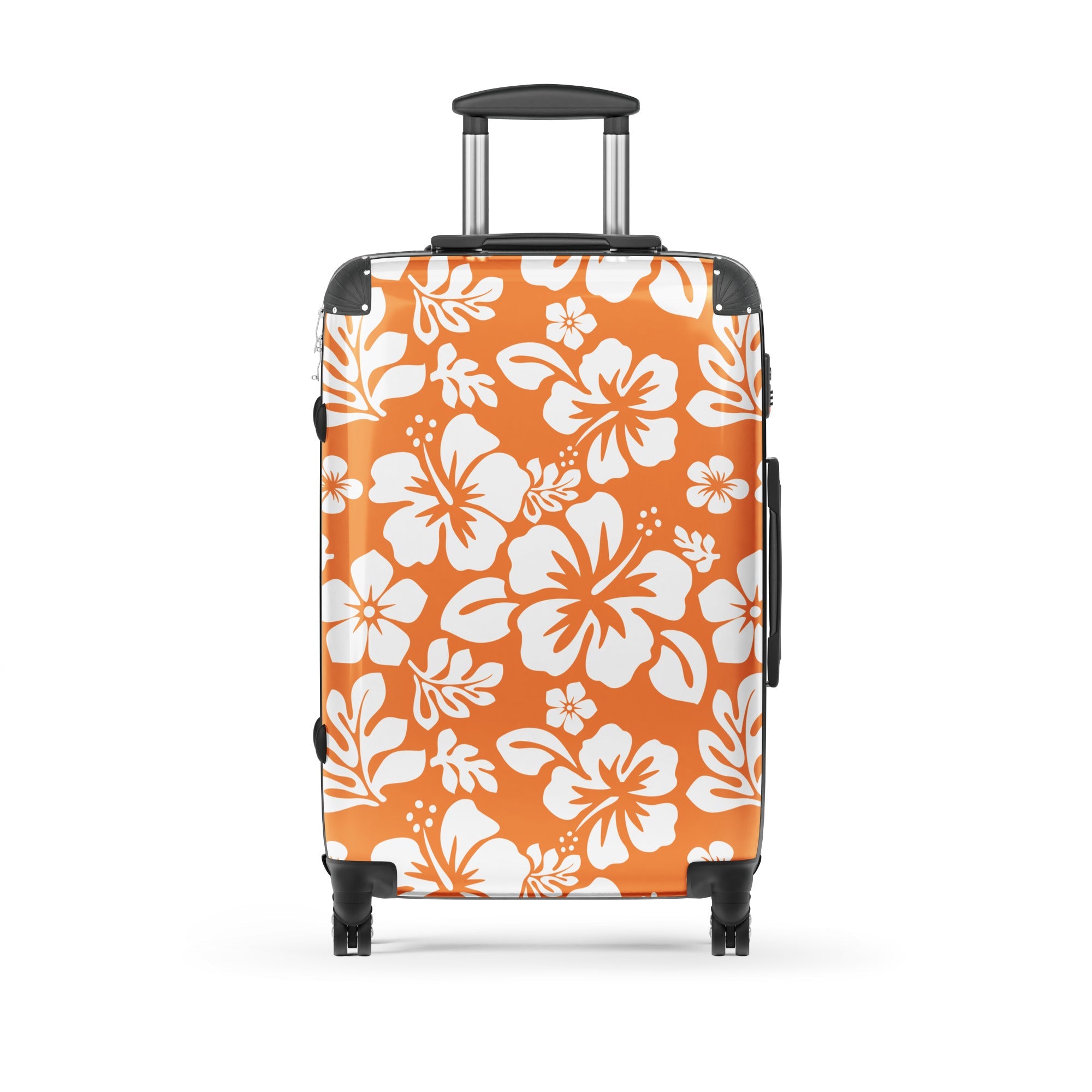 White Hawaiian Flowers on Orange Suitcase – Surf & Beach Inspired Luggage by Extremely Stoked®