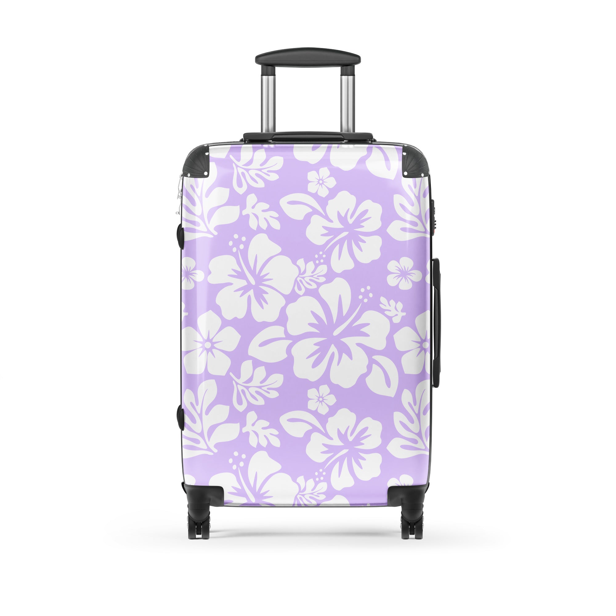 White Hawaiian Flowers on Lavender Suitcase – Surf & Beach Inspired Luggage by Extremely Stoked®
