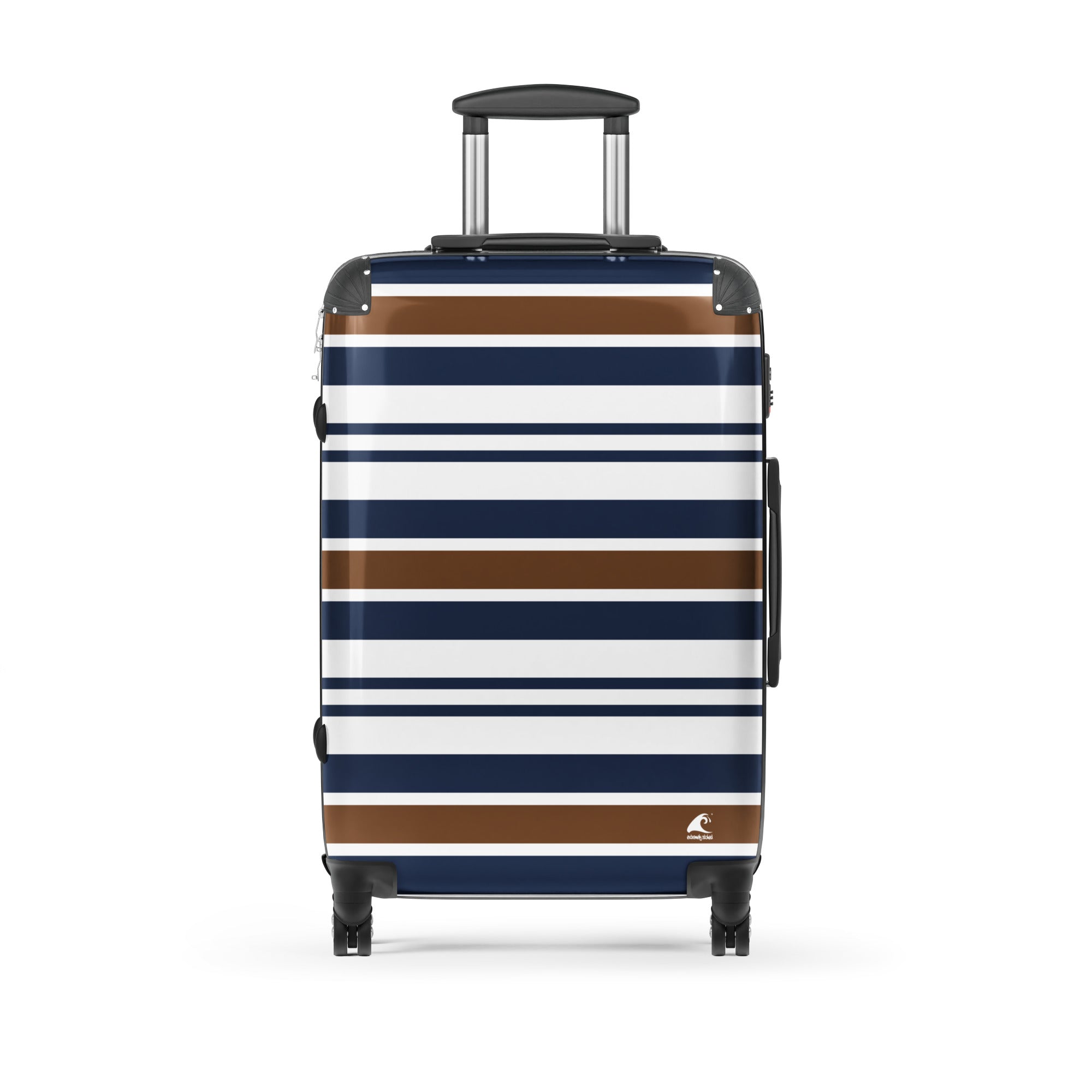 Brown, Navy Blue and White Classic Surf Stripes Suitcase – Surf & Beach Inspired Luggage by Extremely Stoked®
