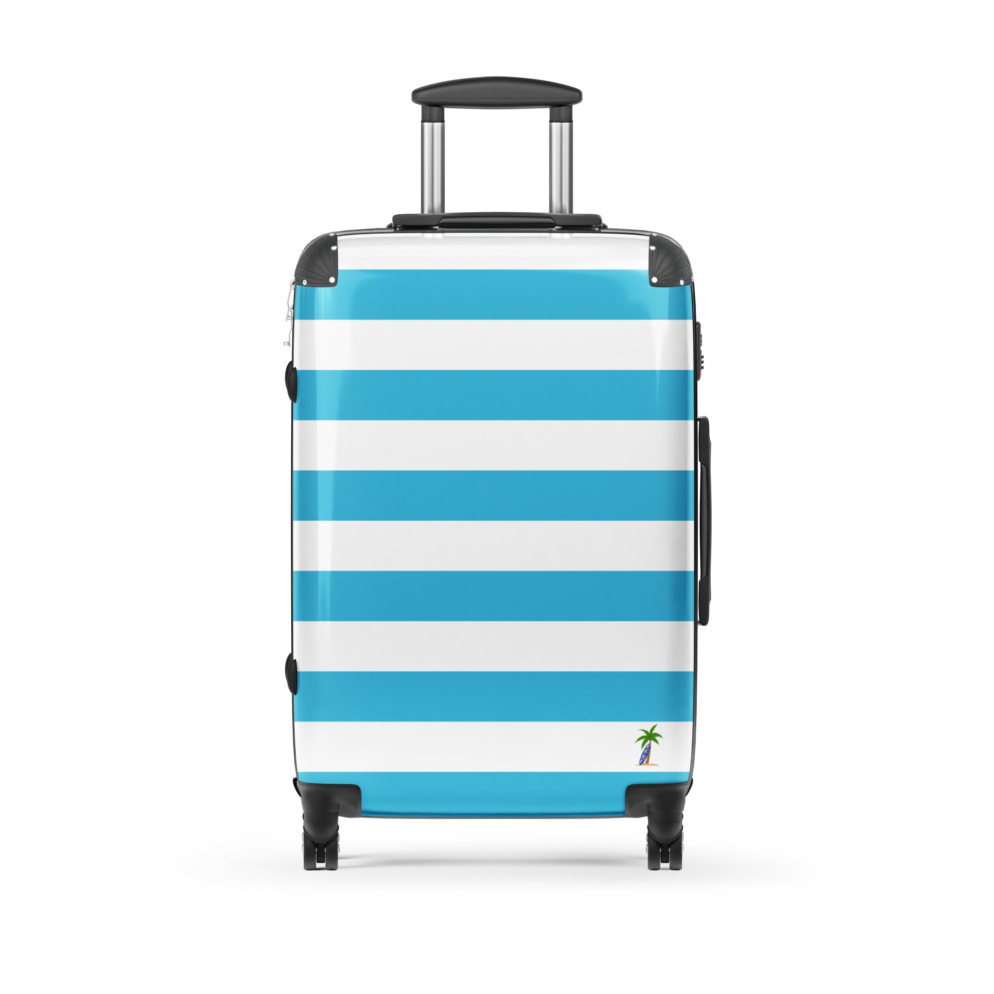 Aqua Blue and White Beach Stripes Suitcase with Palm Tree Surfboard Logo - Travel Luggage by Extremely Stoked®