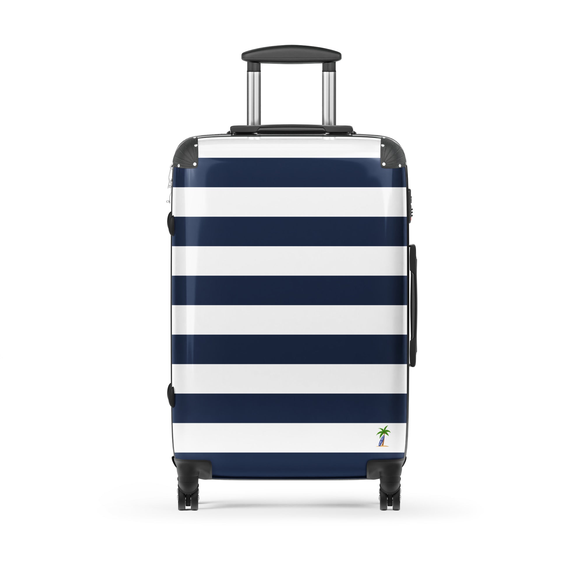 Navy Blue and White Beach Stripes Suitcase with Palm Tree Surfboard Logo - Travel Luggage by Extremely Stoked®