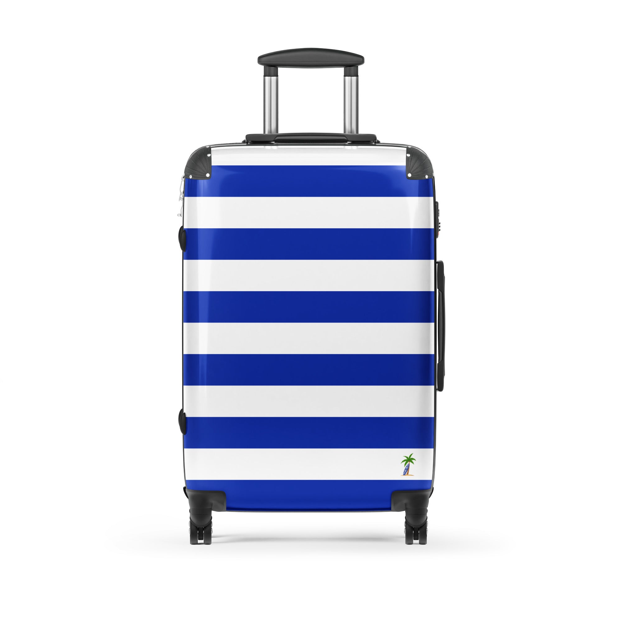Royal Blue and White Beach Stripes Suitcase with Palm Tree Surfboard Logo - Travel Luggage by Extremely Stoked®