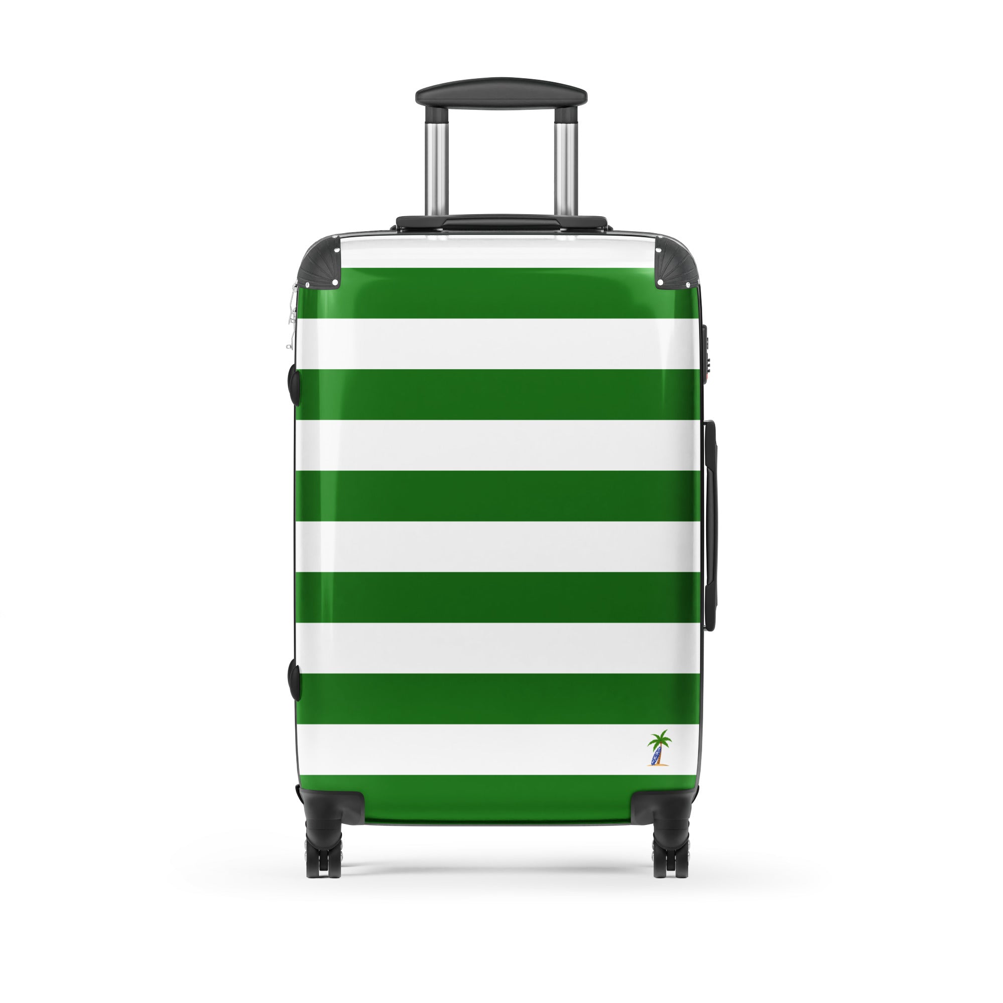 Fresh Green and White Beach Stripes Suitcase with Palm Tree Surfboard Logo - Travel Luggage by Extremely Stoked®