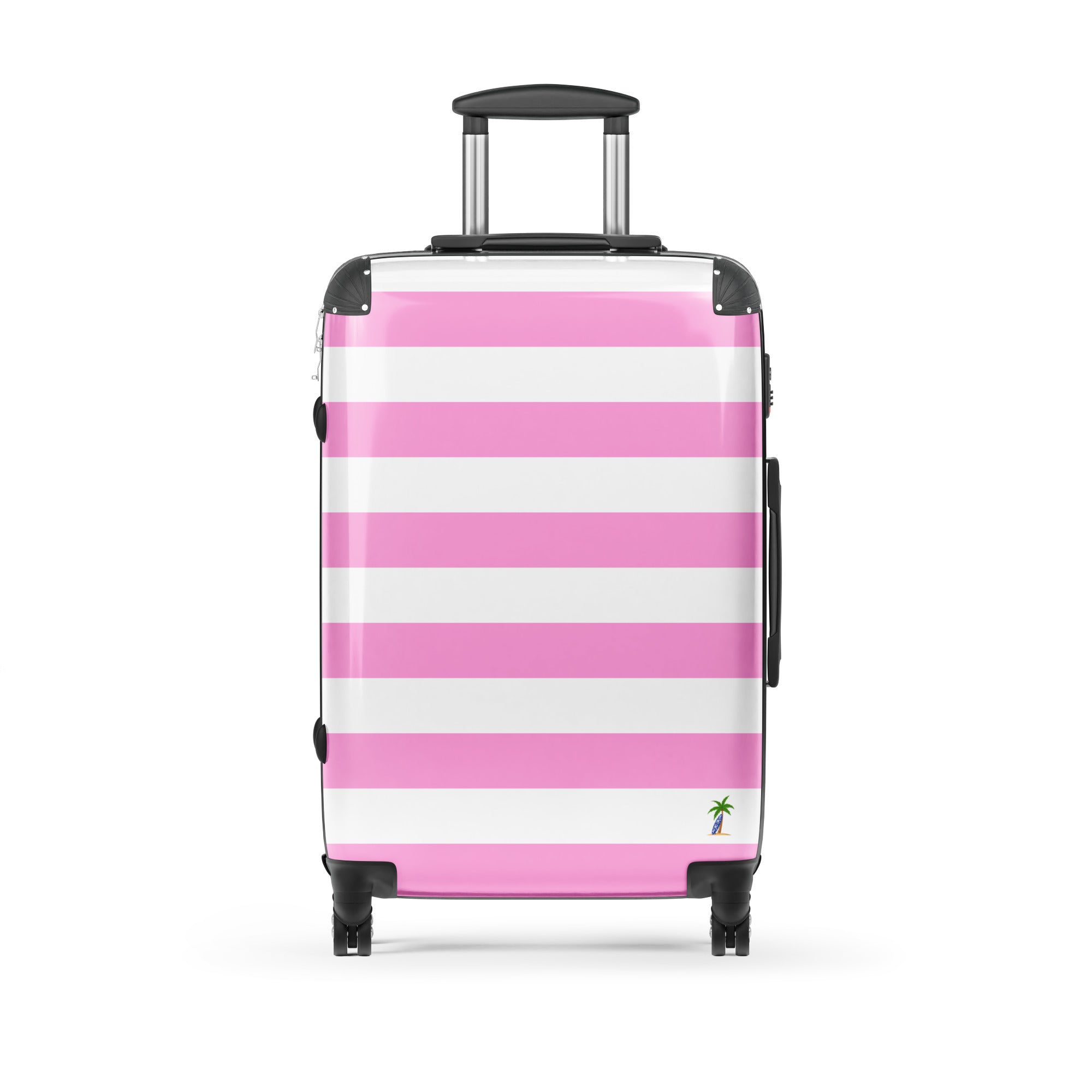 Pink and White Beach Stripes Suitcase with Palm Tree Surfboard Logo - Travel Luggage by Extremely Stoked®