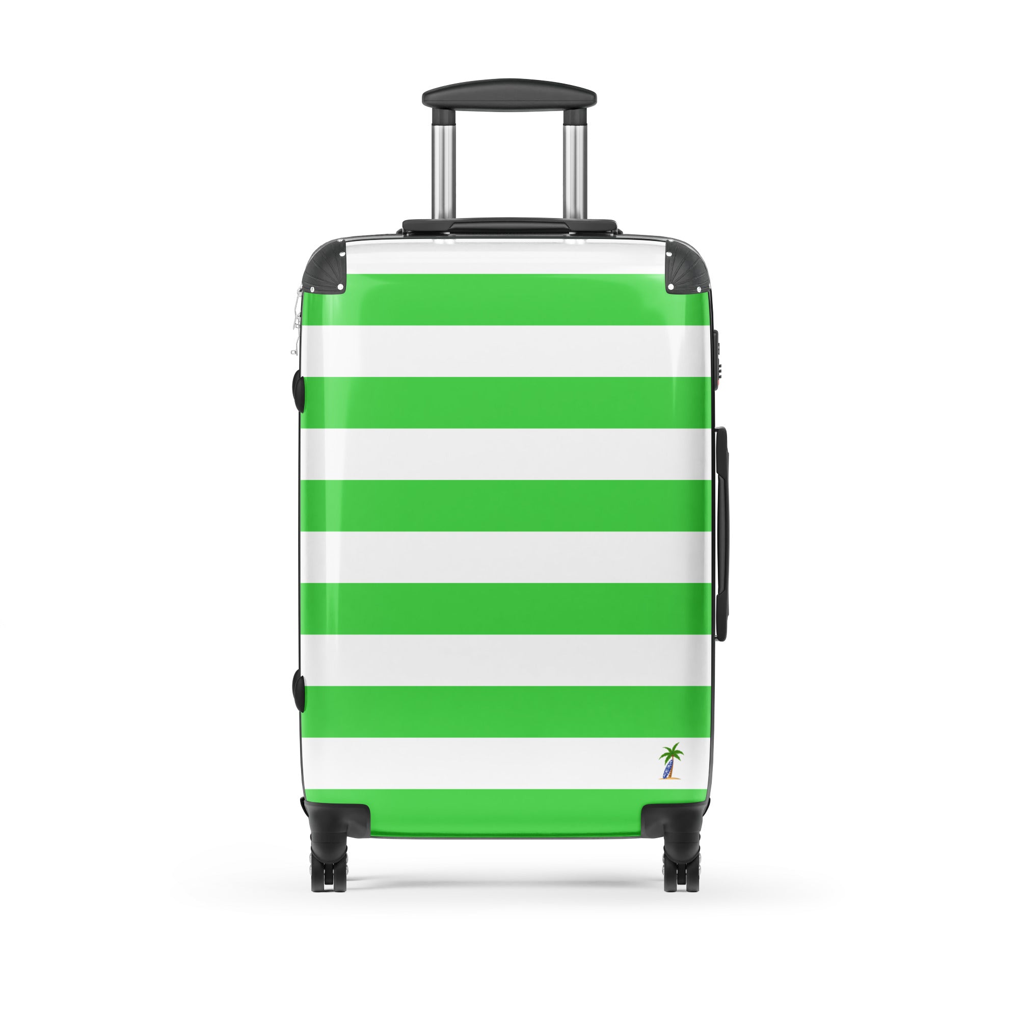 Lime Green and White Beach Stripes Suitcase with Palm Tree Surfboard Logo - Travel Luggage by Extremely Stoked®