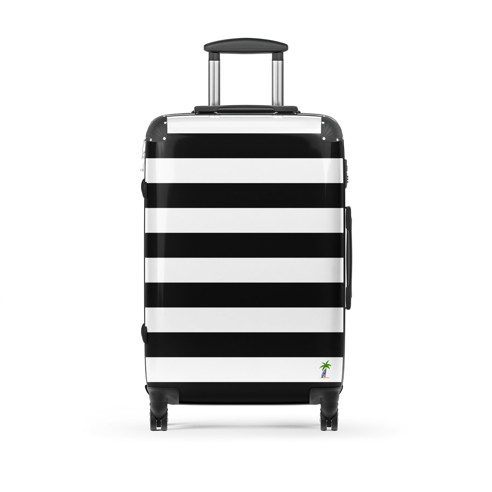 Black and White Beach Stripes Suitcase with Palm Tree Surfboard Logo - Travel Luggage by Extremely Stoked®