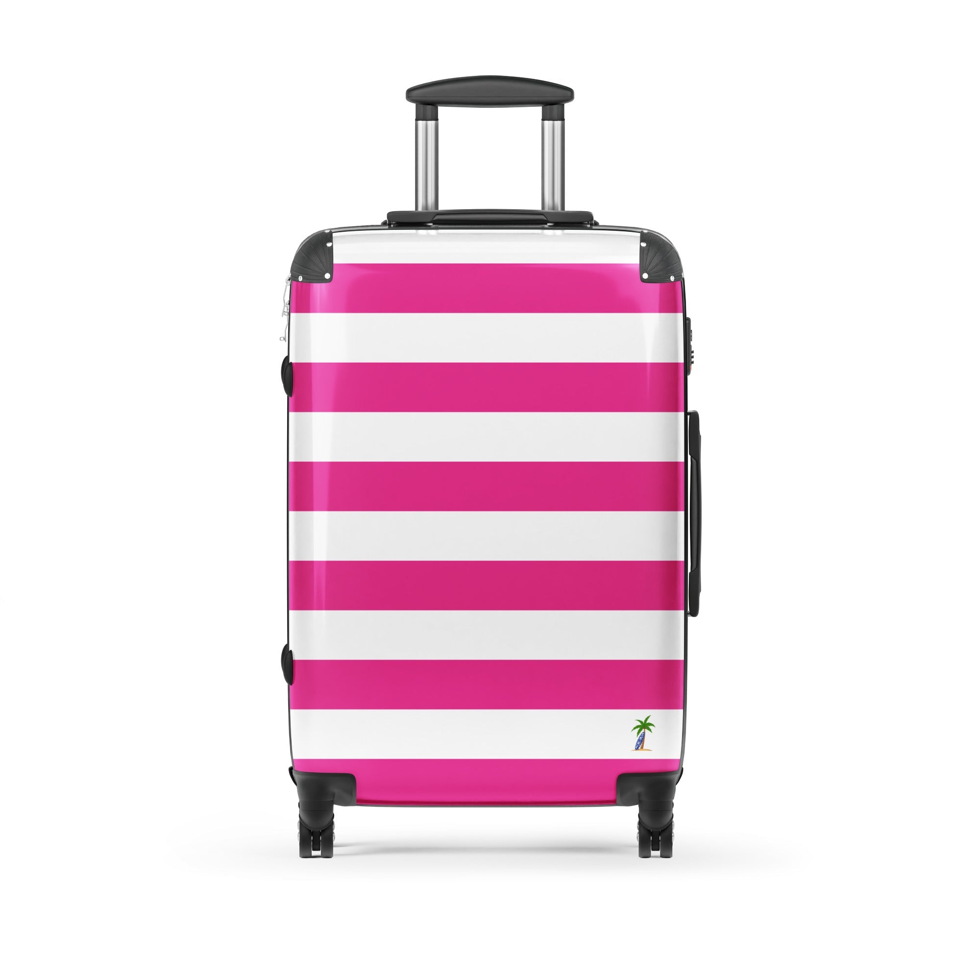 Hot Pink and White Beach Stripes Suitcase with Palm Tree Surfboard Logo - Travel Luggage by Extremely Stoked®