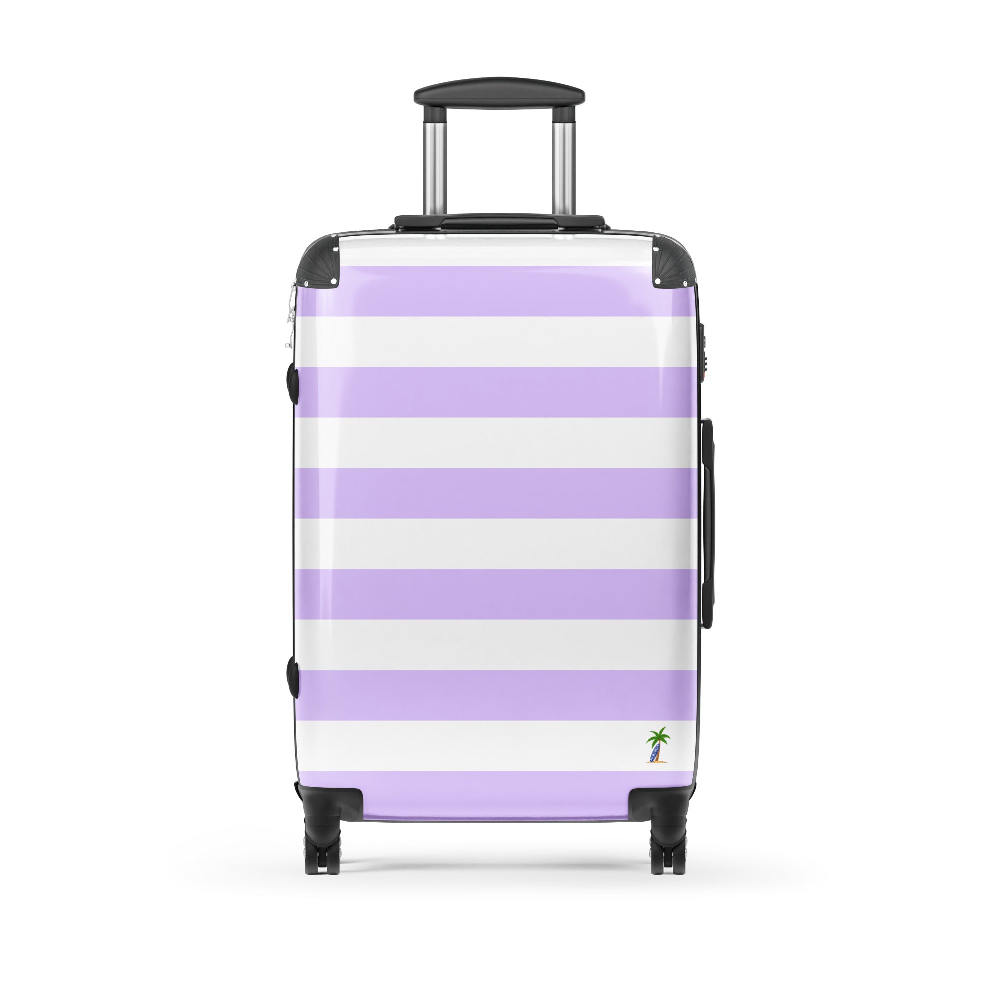 Lavender and White Beach Stripes Suitcase with Palm Tree Surfboard Logo - Travel Luggage by Extremely Stoked®