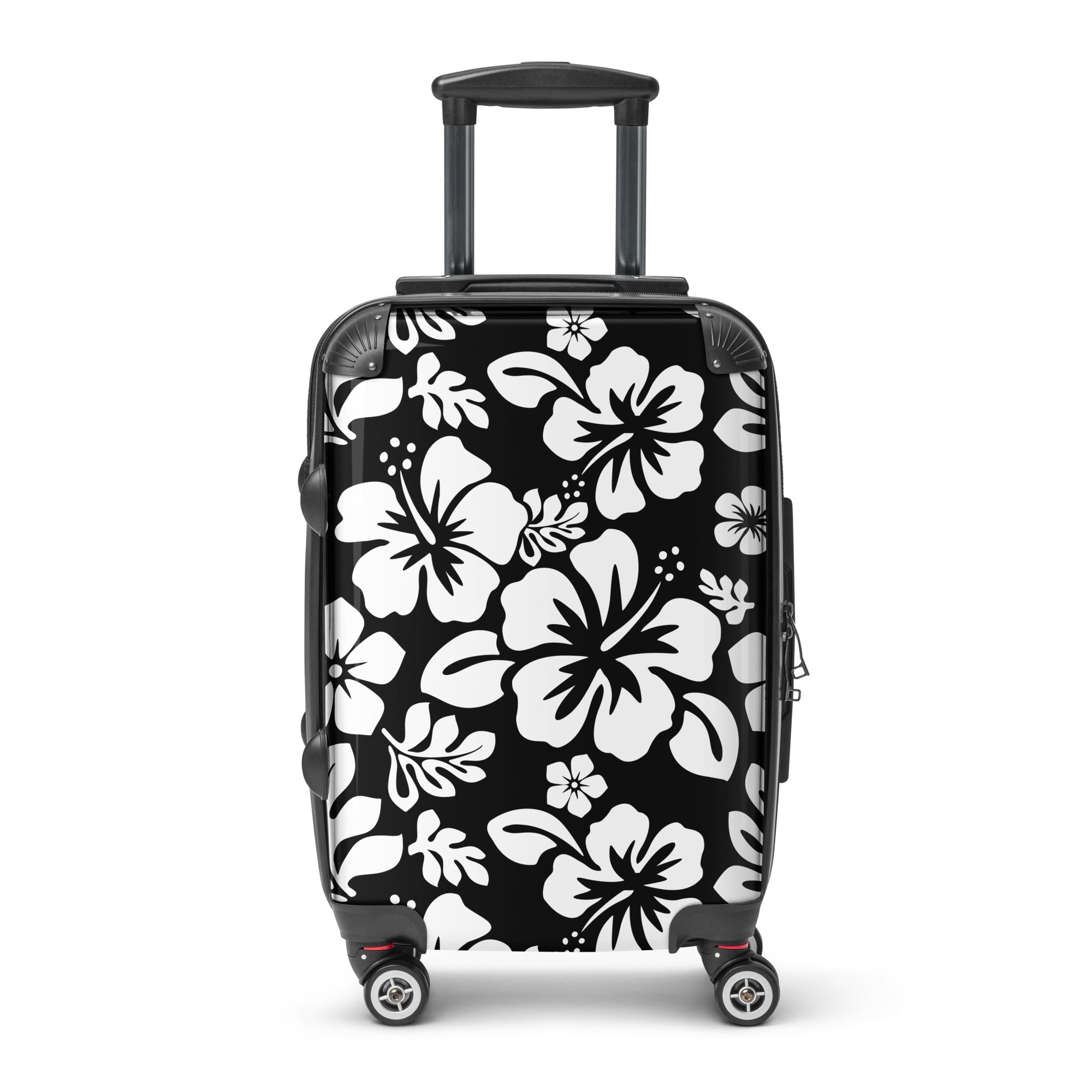 White Hawaiian Flowers on Black Carry On Suitcase – Surf & Beach Inspired Luggage by Extremely Stoked®