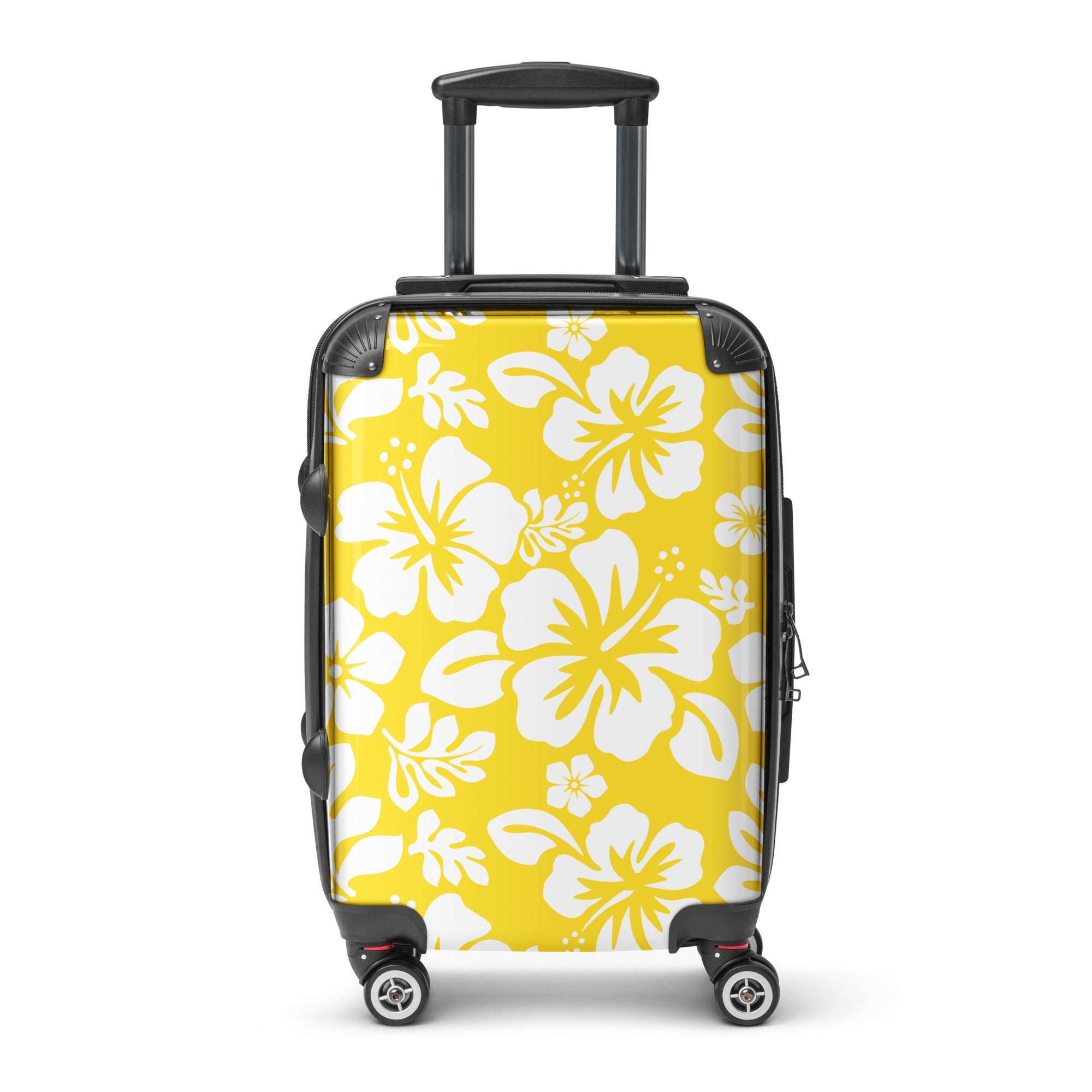 White Hawaiian Flowers on Yellow Carry On Suitcase – Surf & Beach Inspired Luggage by Extremely Stoked®